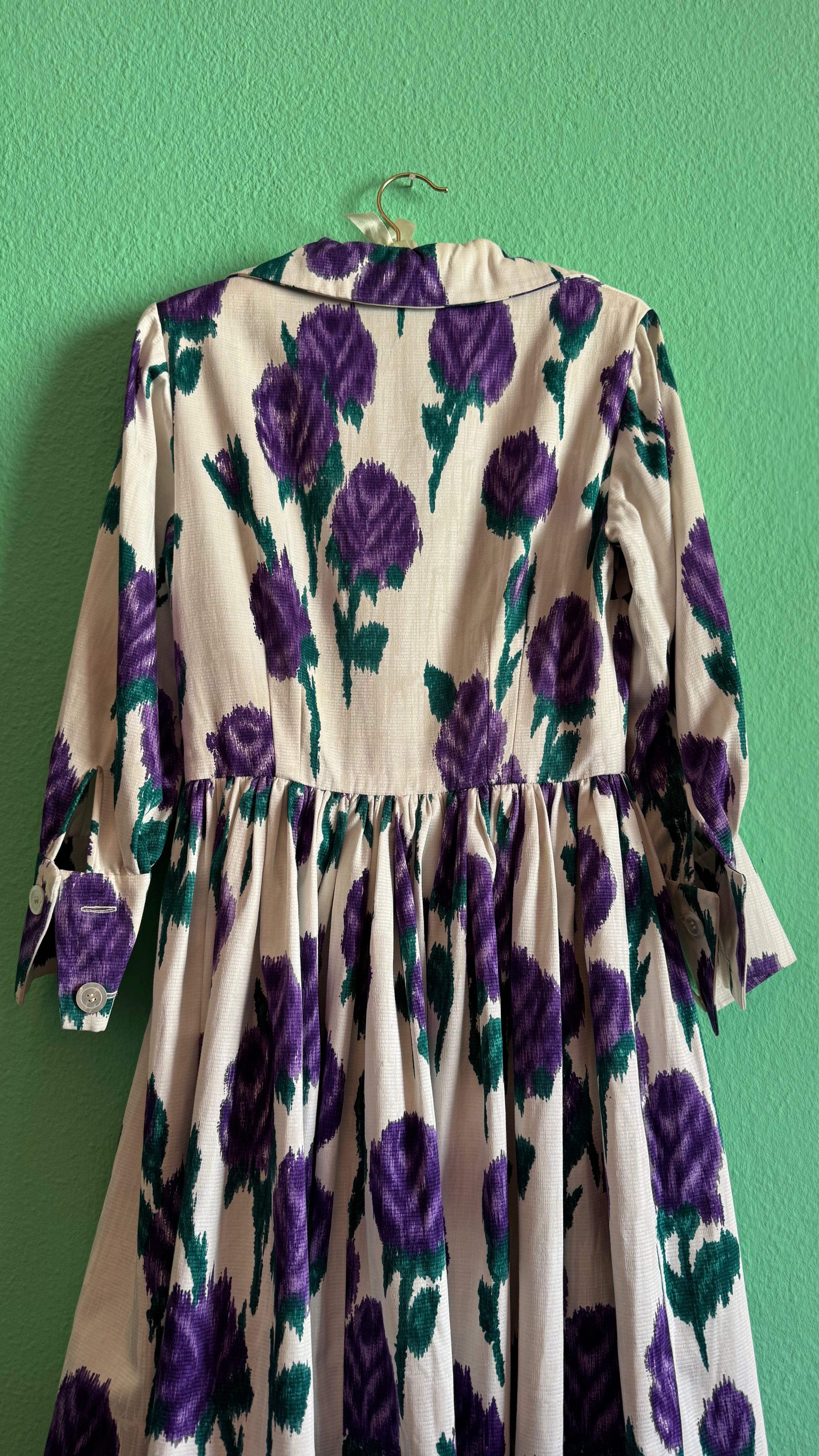 Vintage 1950s Ivory Cotton Dress with Purple Floral Print & Matching Belt
