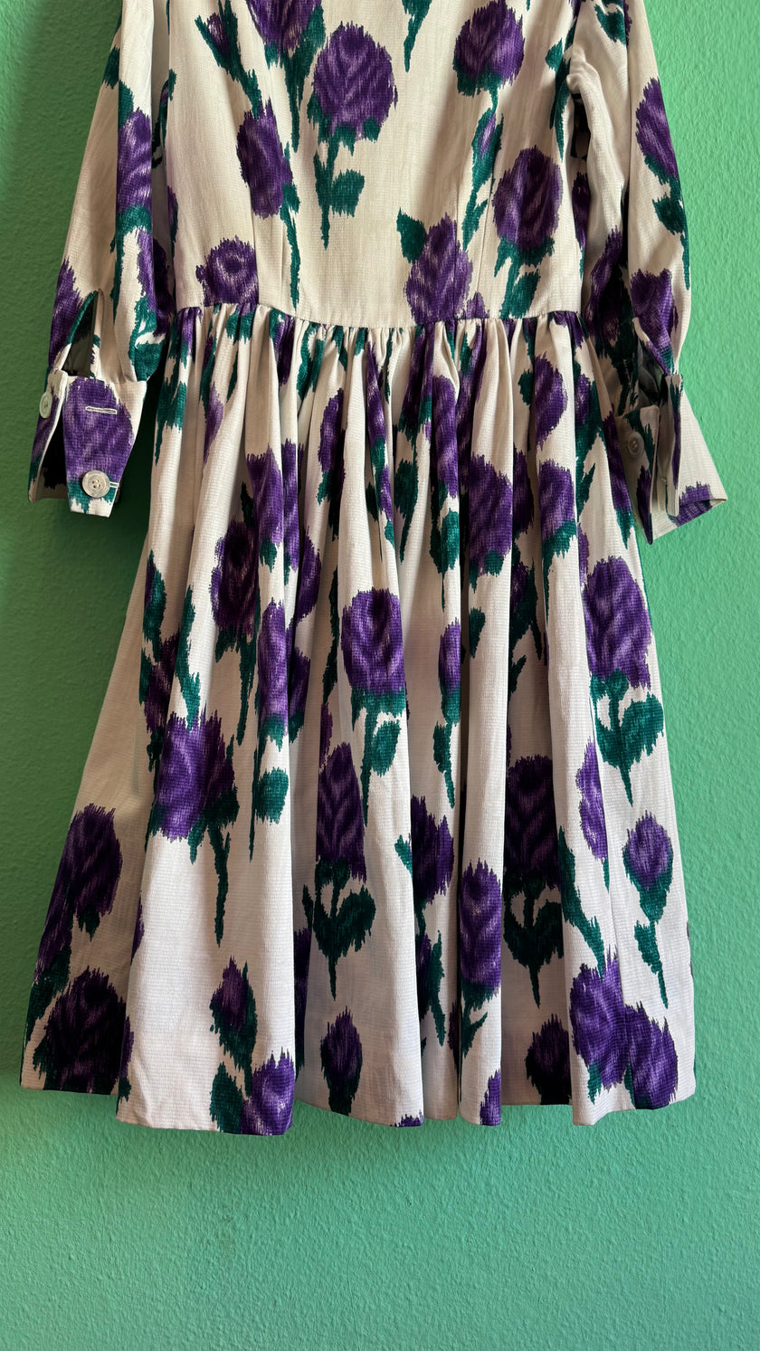 Vintage 1950s Ivory Cotton Dress with Purple Floral Print & Matching Belt