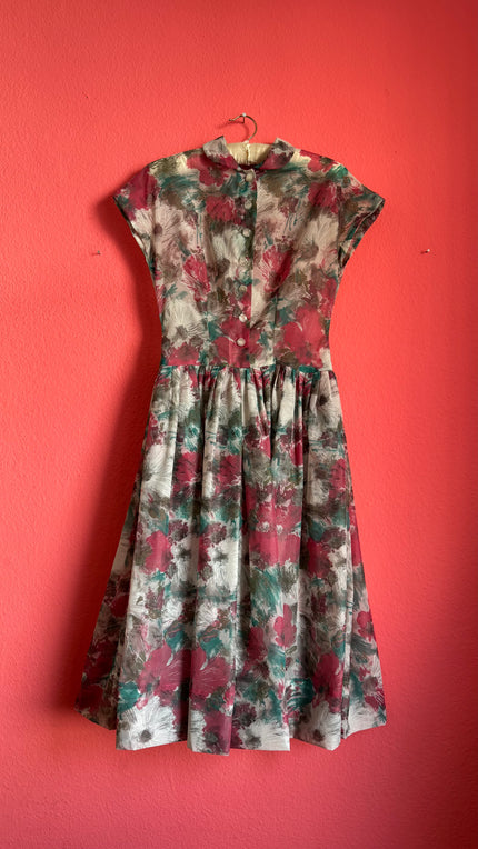 Vintage 1950s-Style Painterly Floral Fit-and-Flare Dress