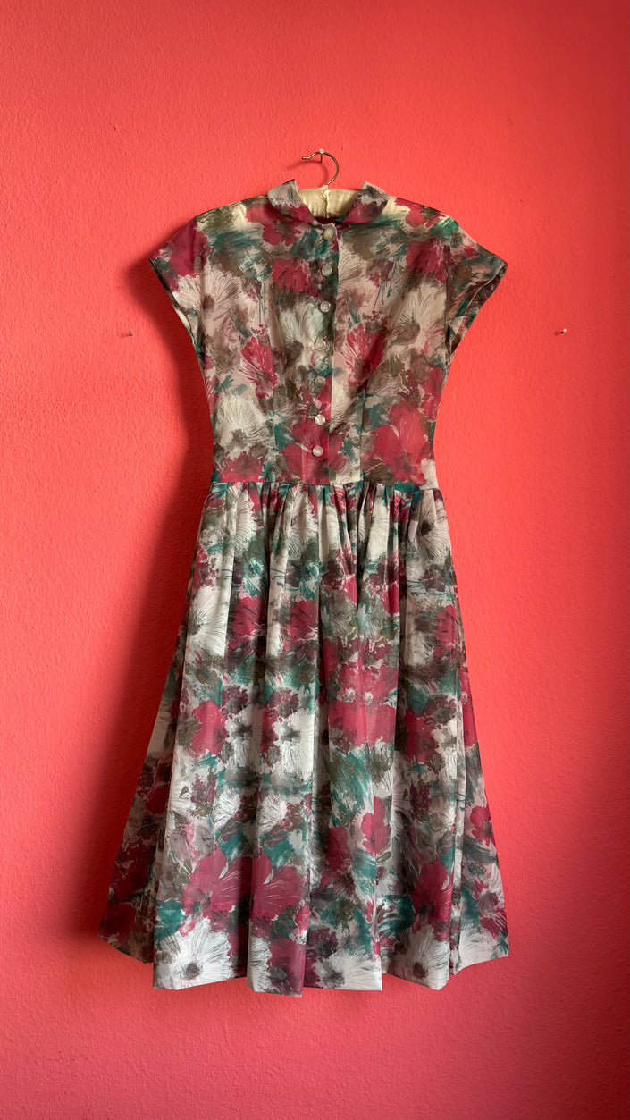 Vintage 1950s-Style Painterly Floral Fit-and-Flare Dress