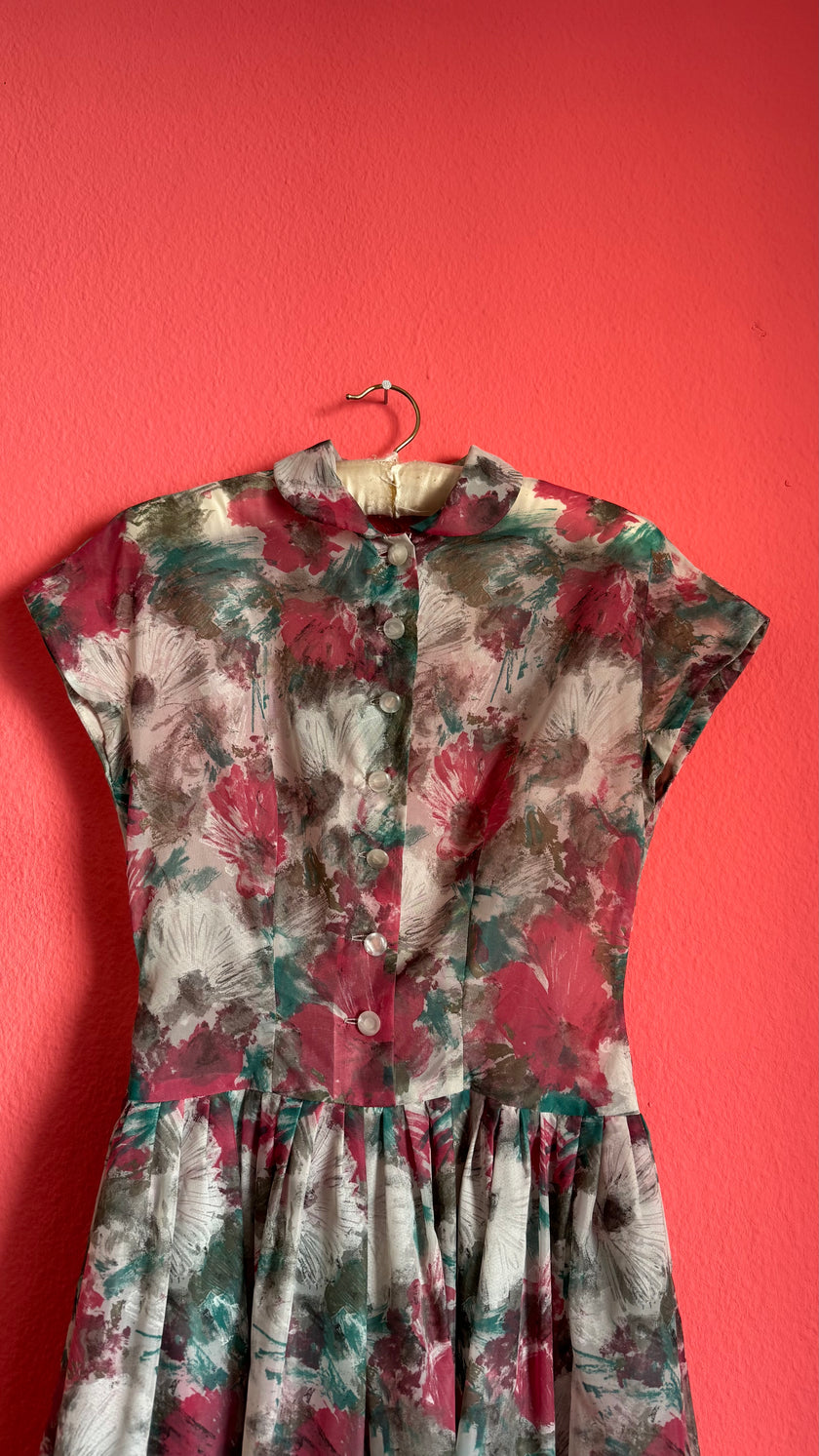 Vintage 1950s-Style Painterly Floral Fit-and-Flare Dress