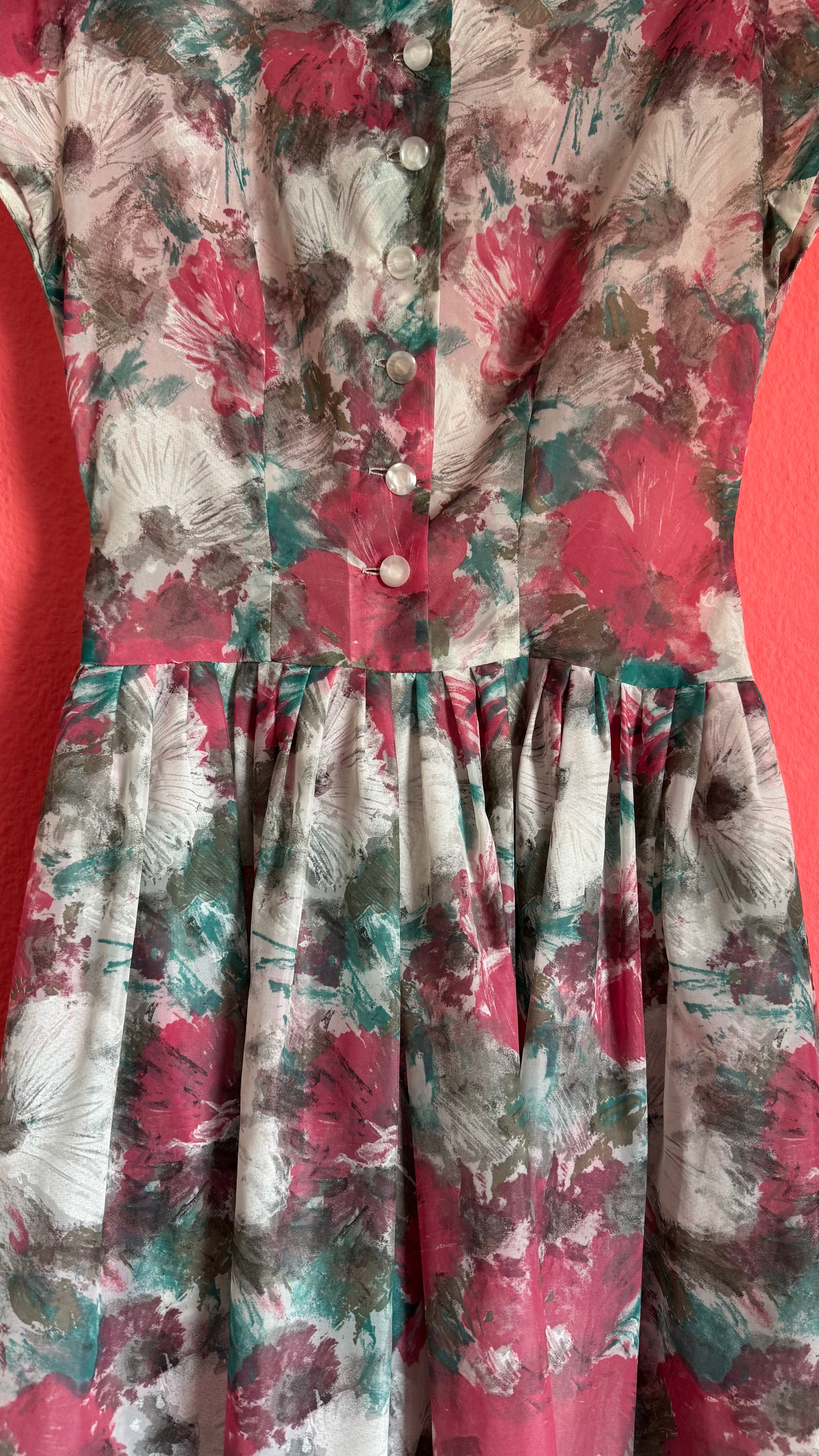 Vintage 1950s-Style Painterly Floral Fit-and-Flare Dress