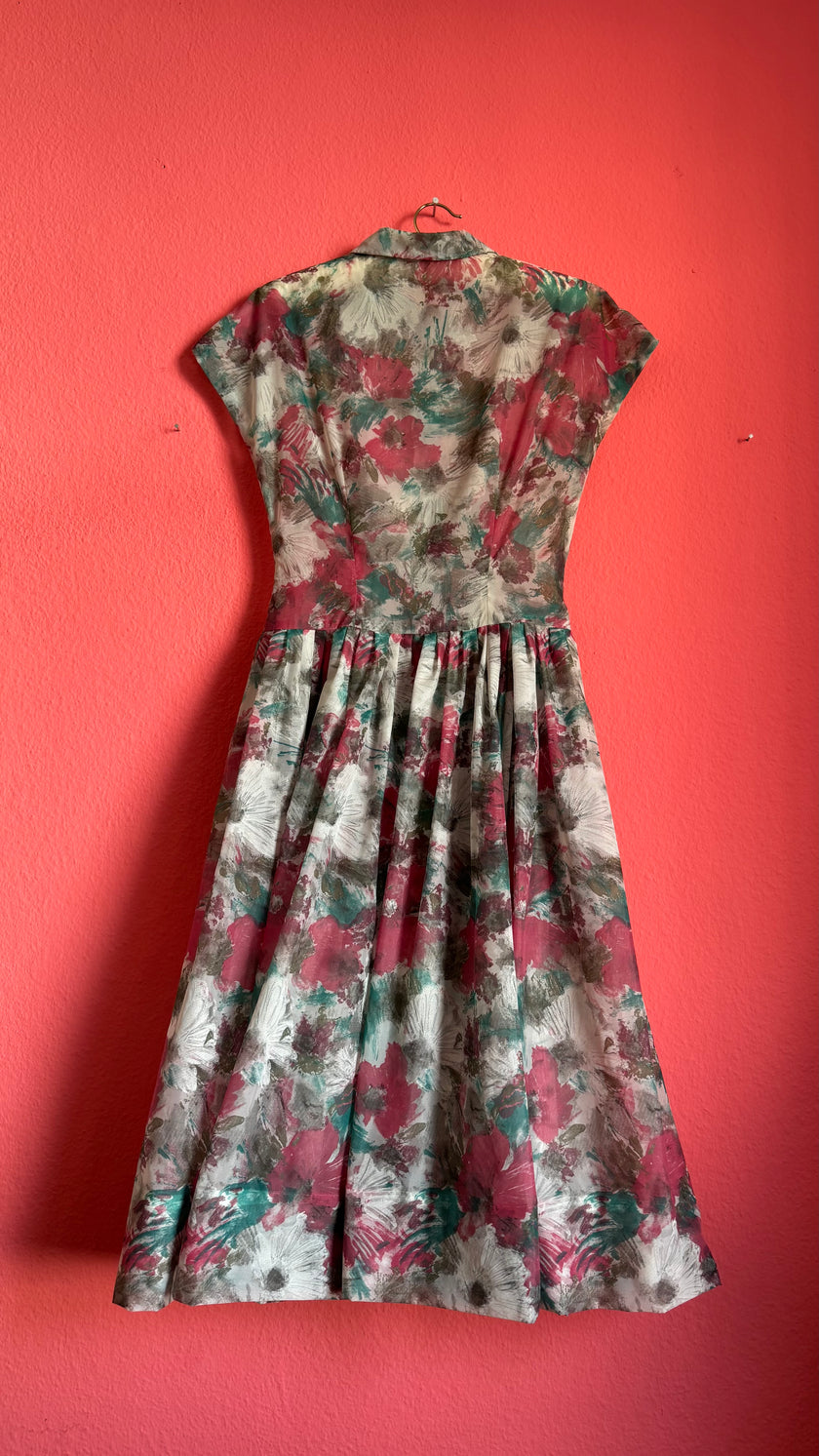 Vintage 1950s-Style Painterly Floral Fit-and-Flare Dress