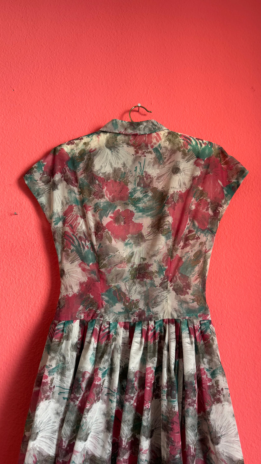 Vintage 1950s-Style Painterly Floral Fit-and-Flare Dress