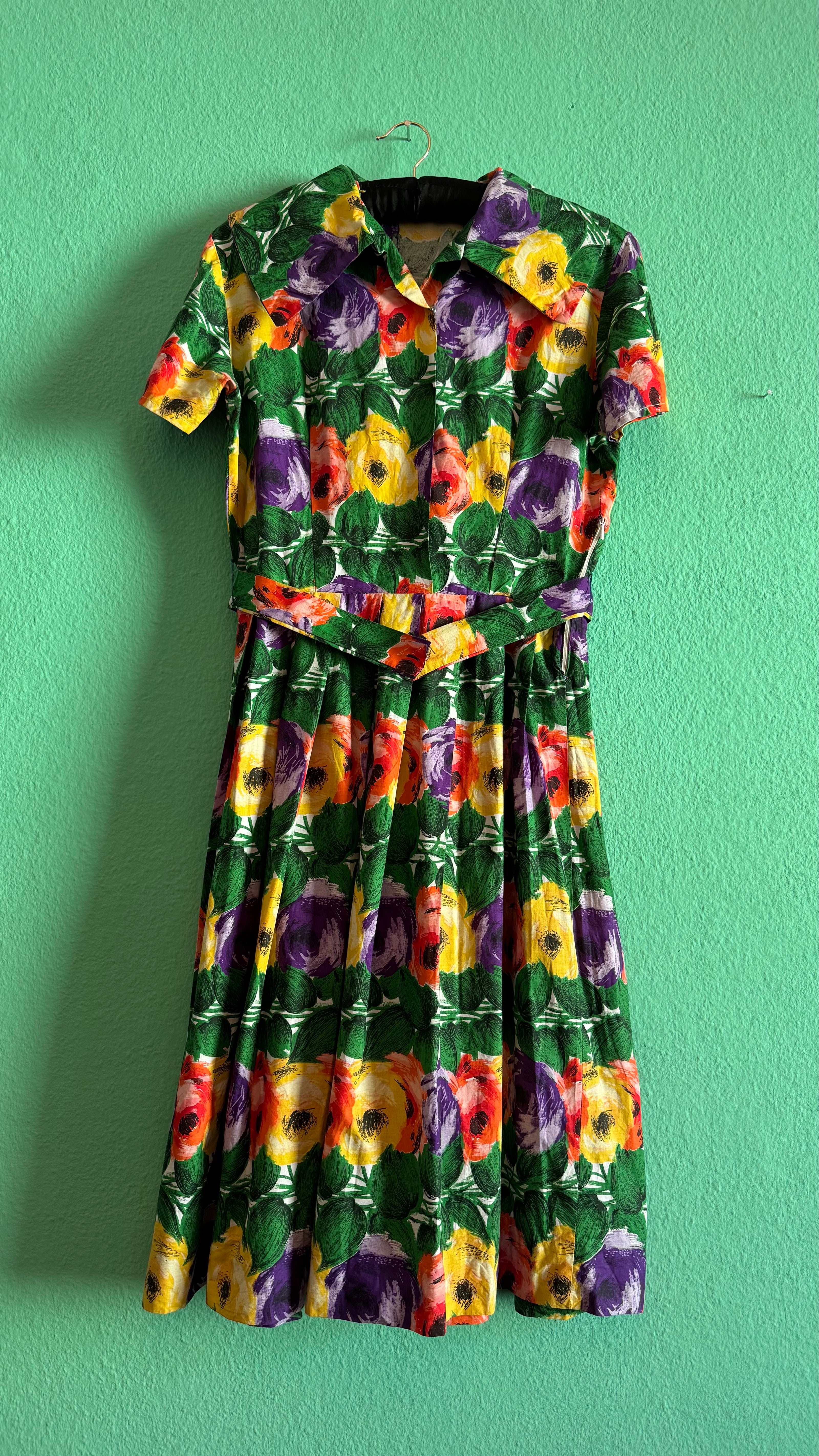 Vintage 1950s Multicolour Floral Cotton Dress with Belt