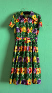 Vintage 1950s Multicolour Floral Cotton Dress with Belt