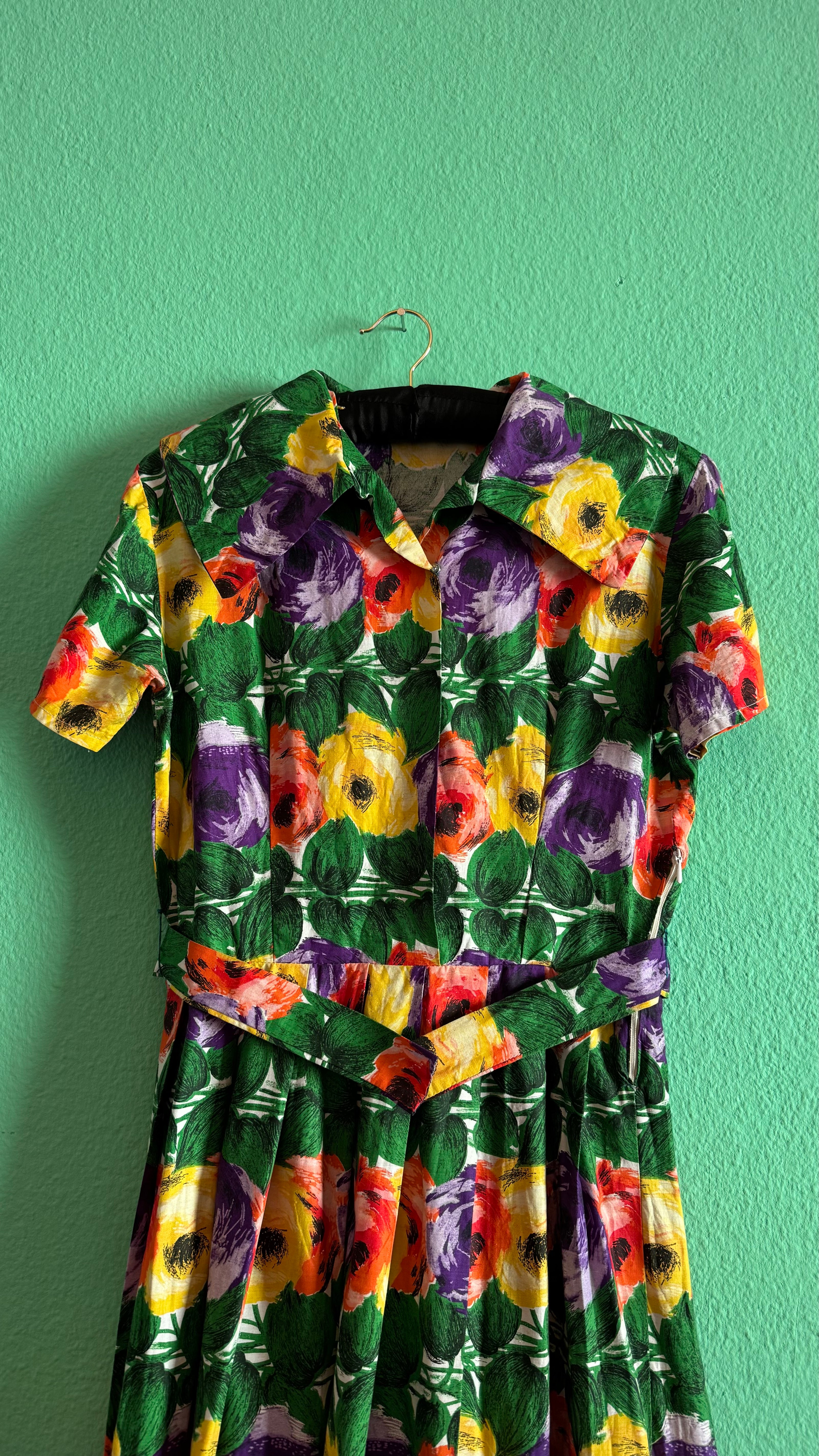 Vintage 1950s Multicolour Floral Cotton Dress with Belt
