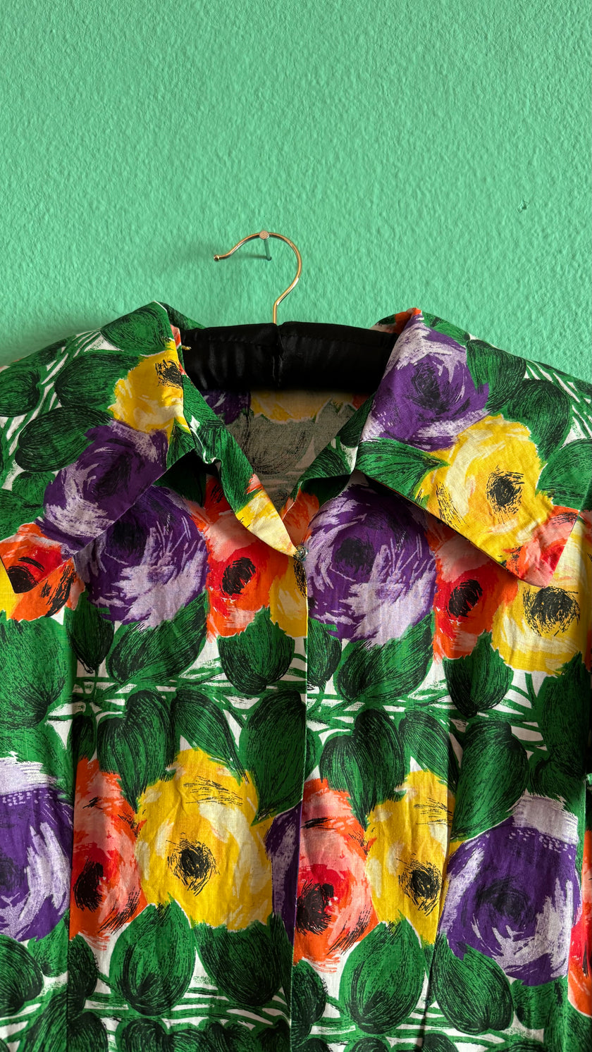 Vintage 1950s Multicolour Floral Cotton Dress with Belt