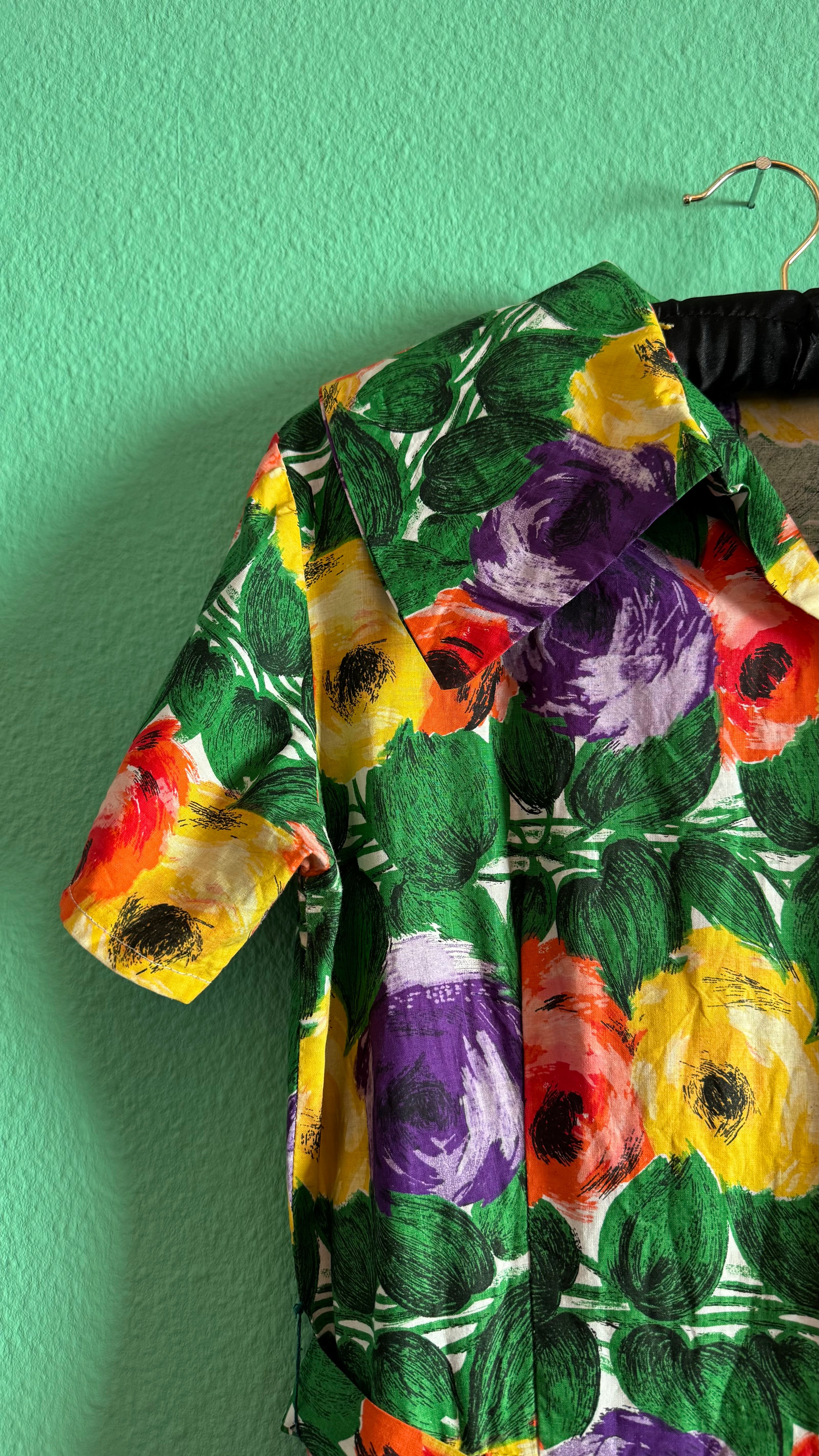 Vintage 1950s Multicolour Floral Cotton Dress with Belt