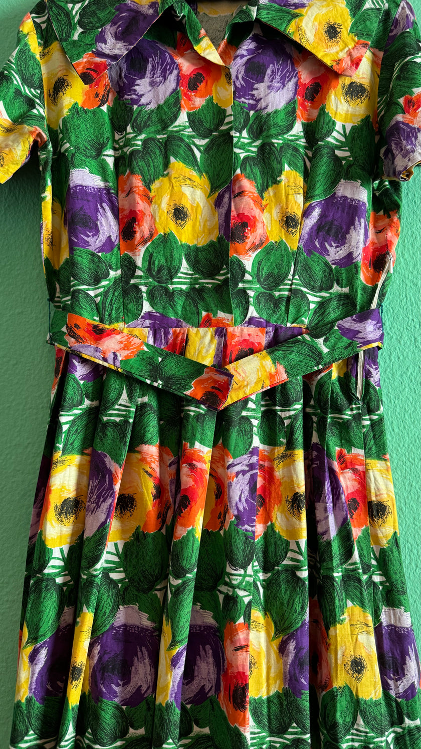 Vintage 1950s Multicolour Floral Cotton Dress with Belt