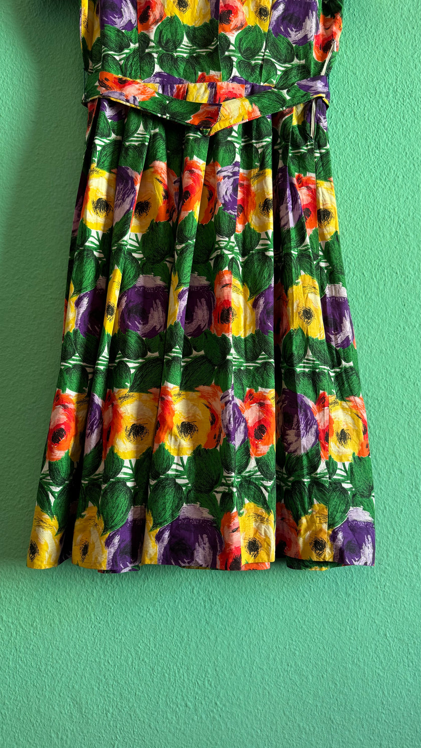 Vintage 1950s Multicolour Floral Cotton Dress with Belt