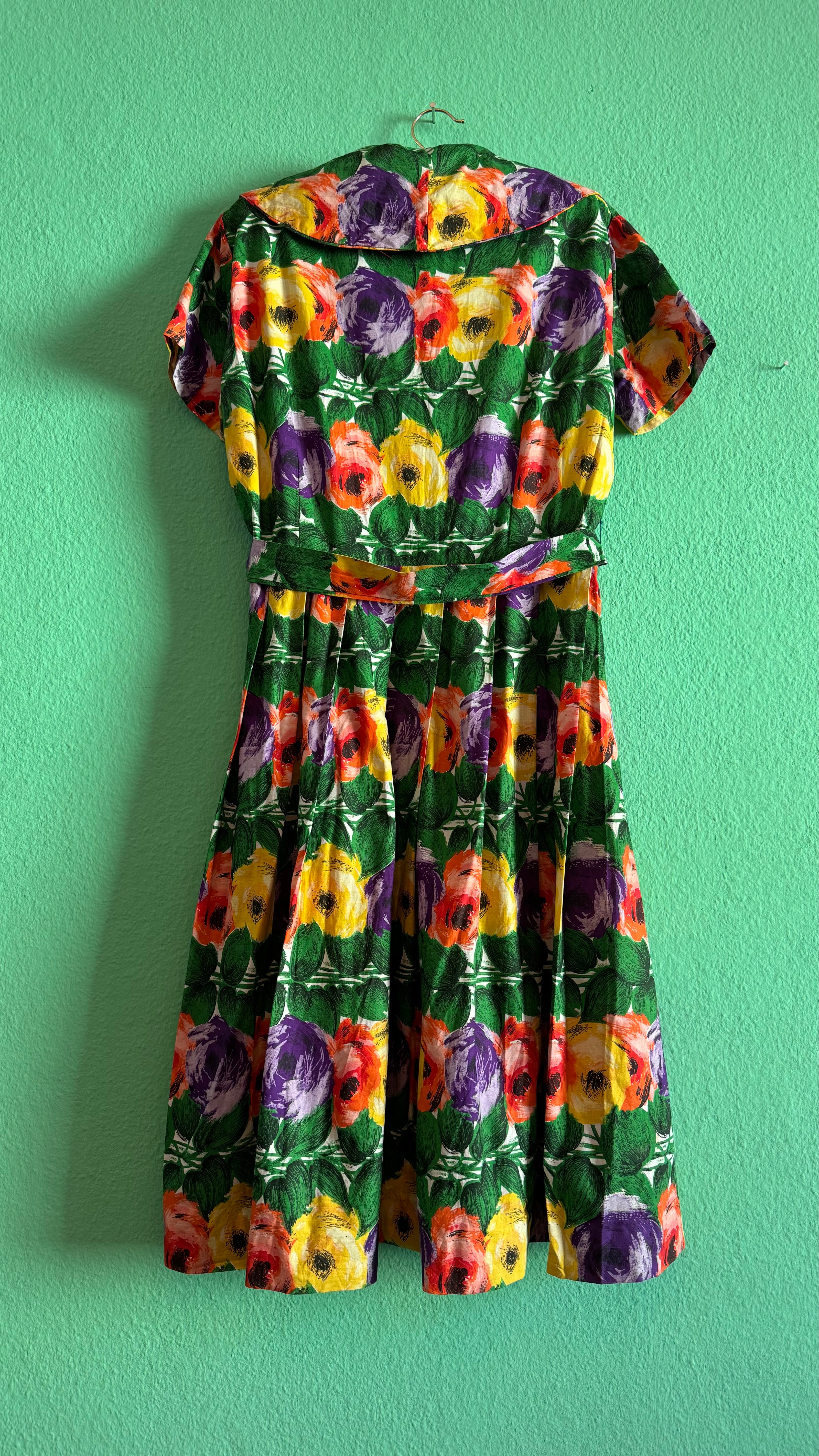 Vintage 1950s Multicolour Floral Cotton Dress with Belt
