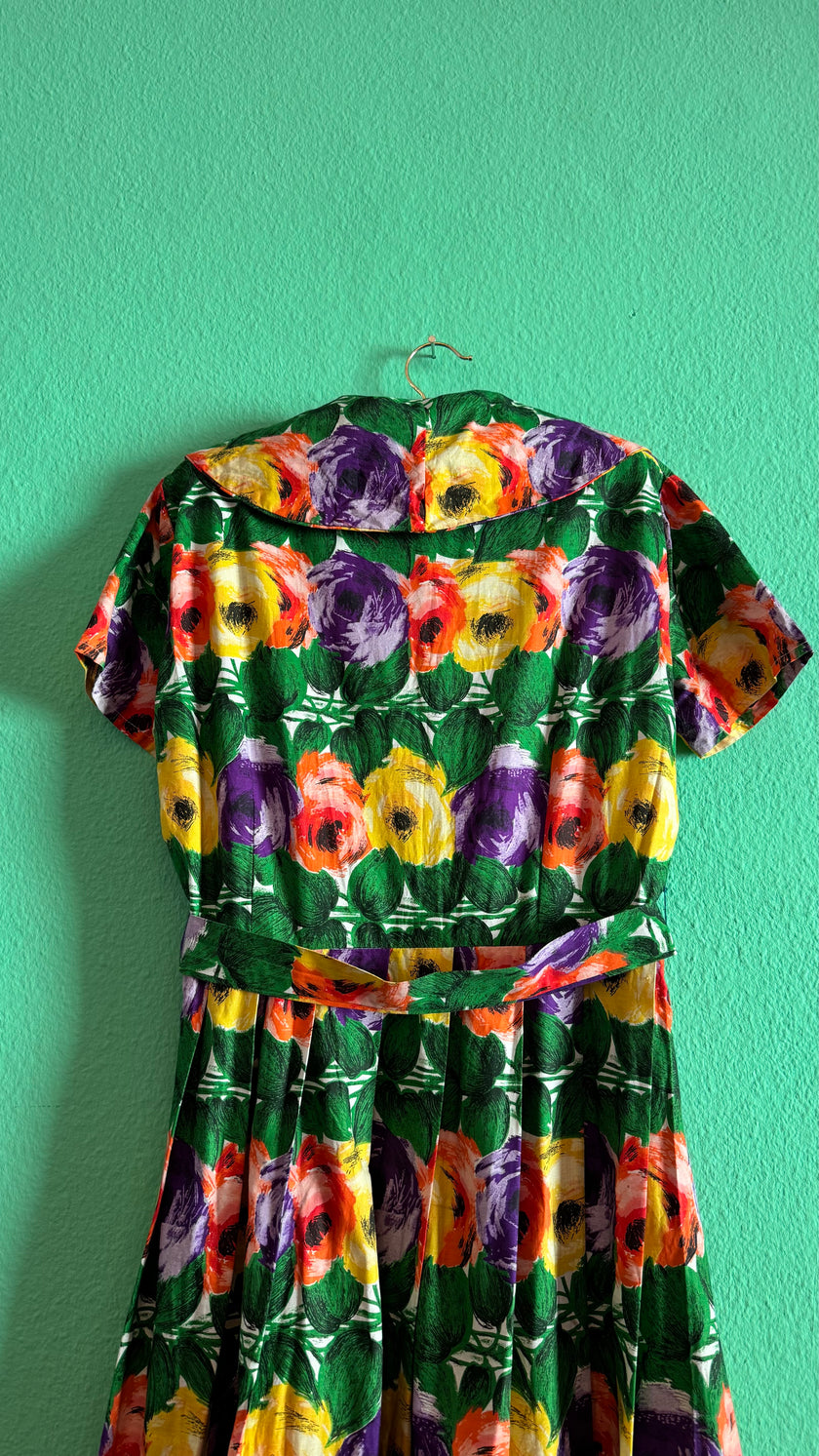 Vintage 1950s Multicolour Floral Cotton Dress with Belt