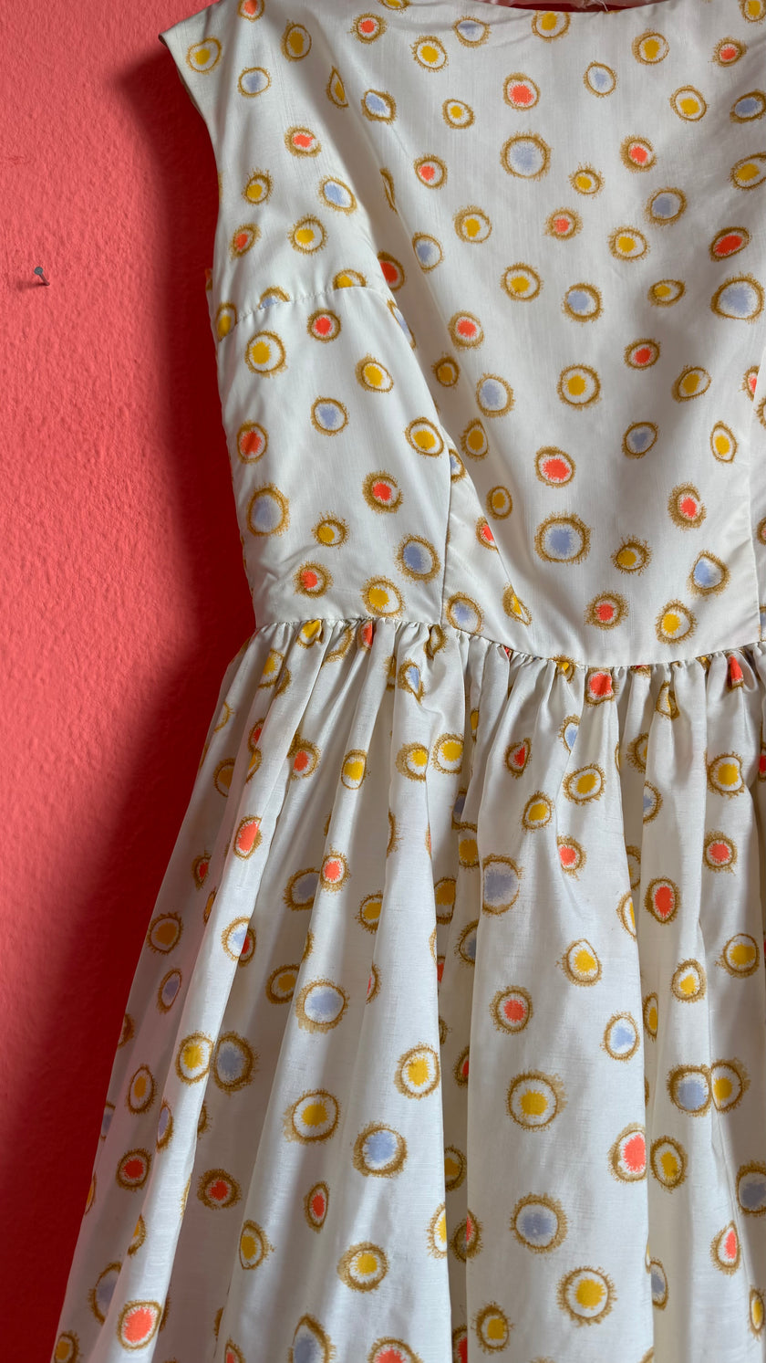 Vintage 1950s-Style Ivory Multicolour Dot Print Dress