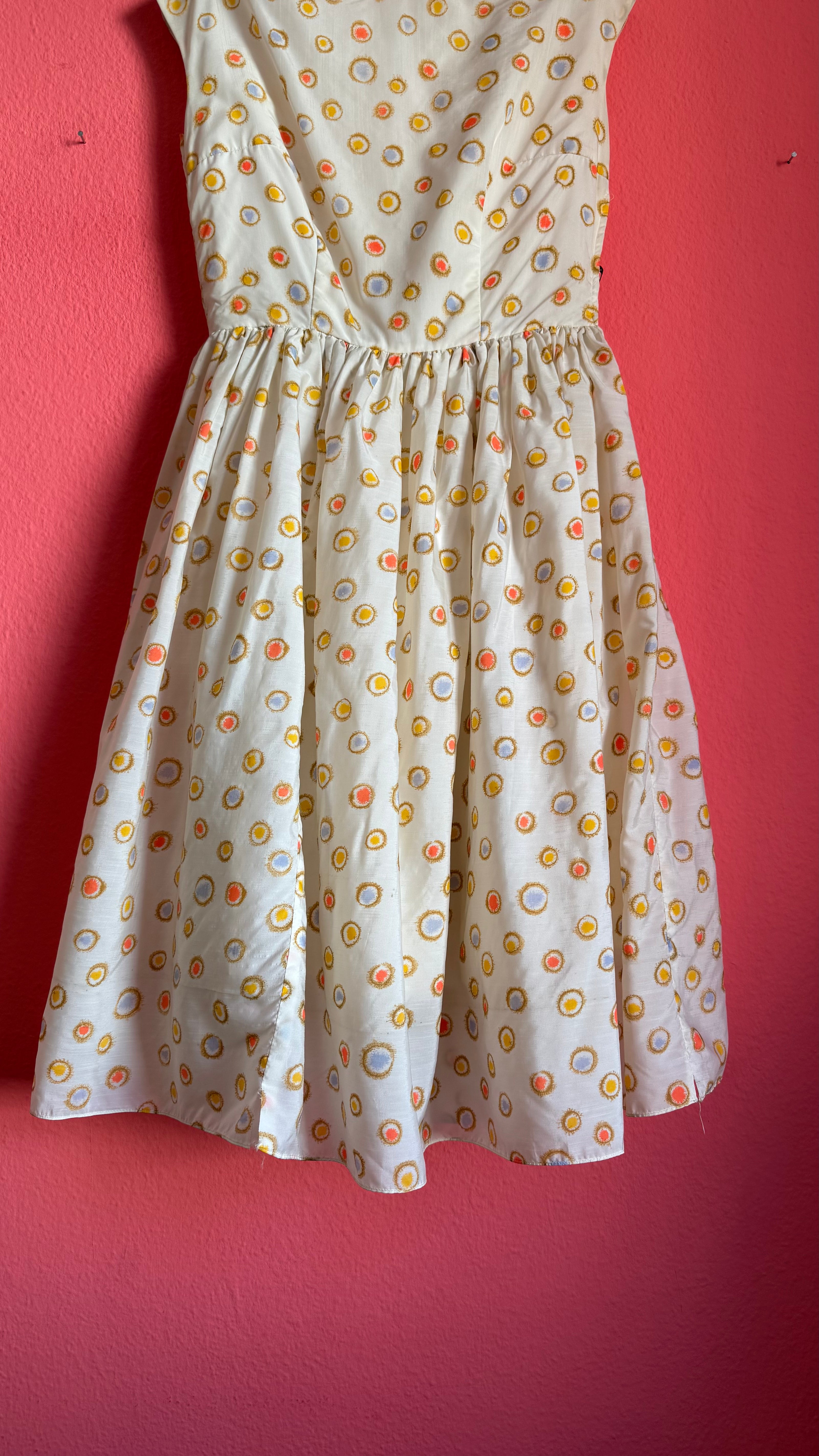 Vintage 1950s-Style Ivory Multicolour Dot Print Dress