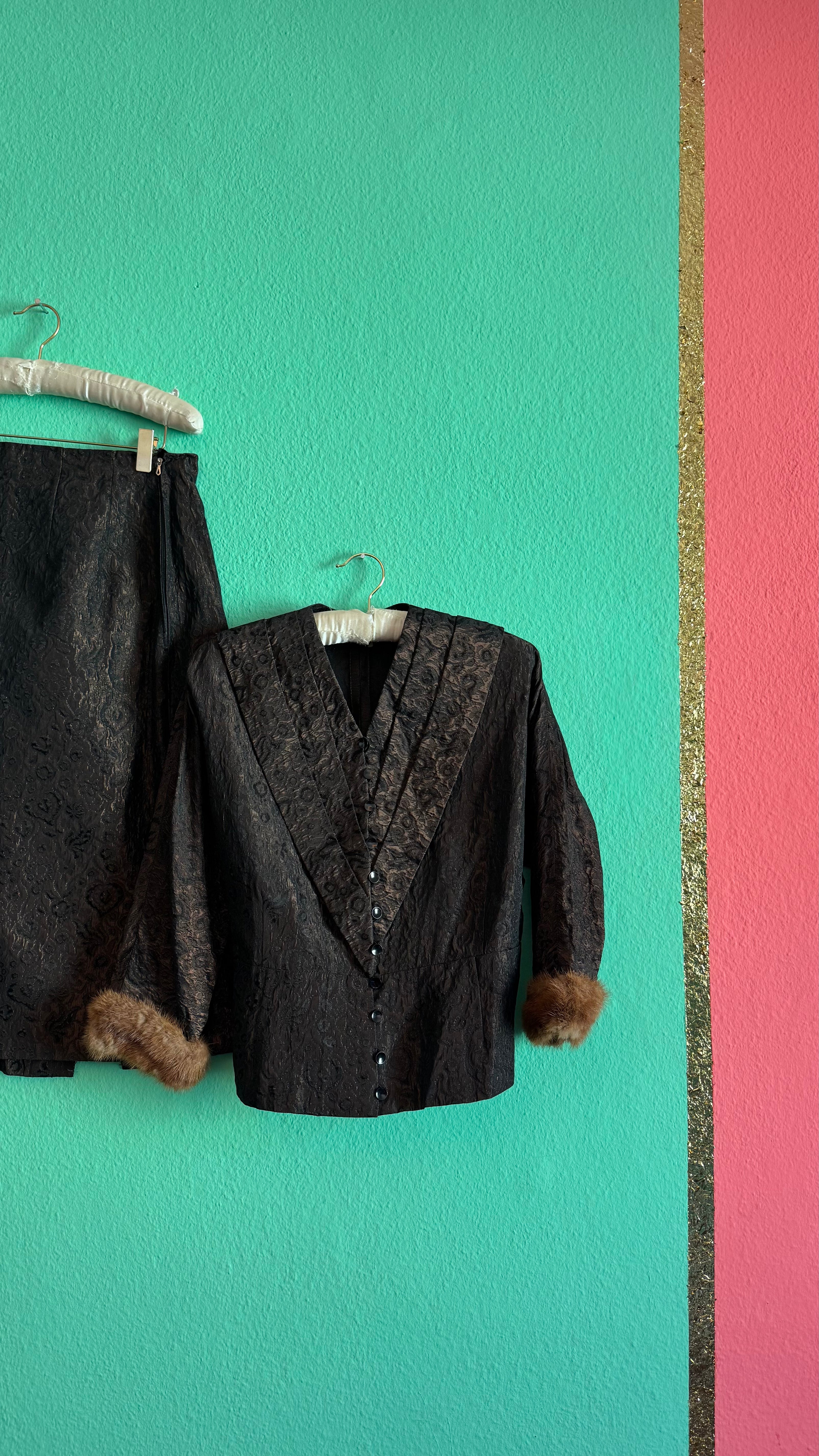 Vintage 1940s Dark Brown Brocade Jacket & Skirt Set with Fur-Trimmed Cuffs