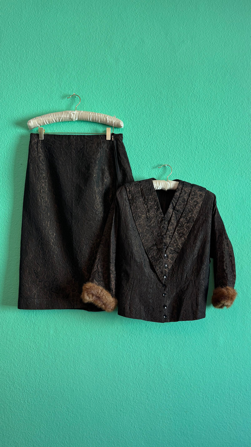 Vintage 1940s Dark Brown Brocade Jacket & Skirt Set with Fur-Trimmed Cuffs