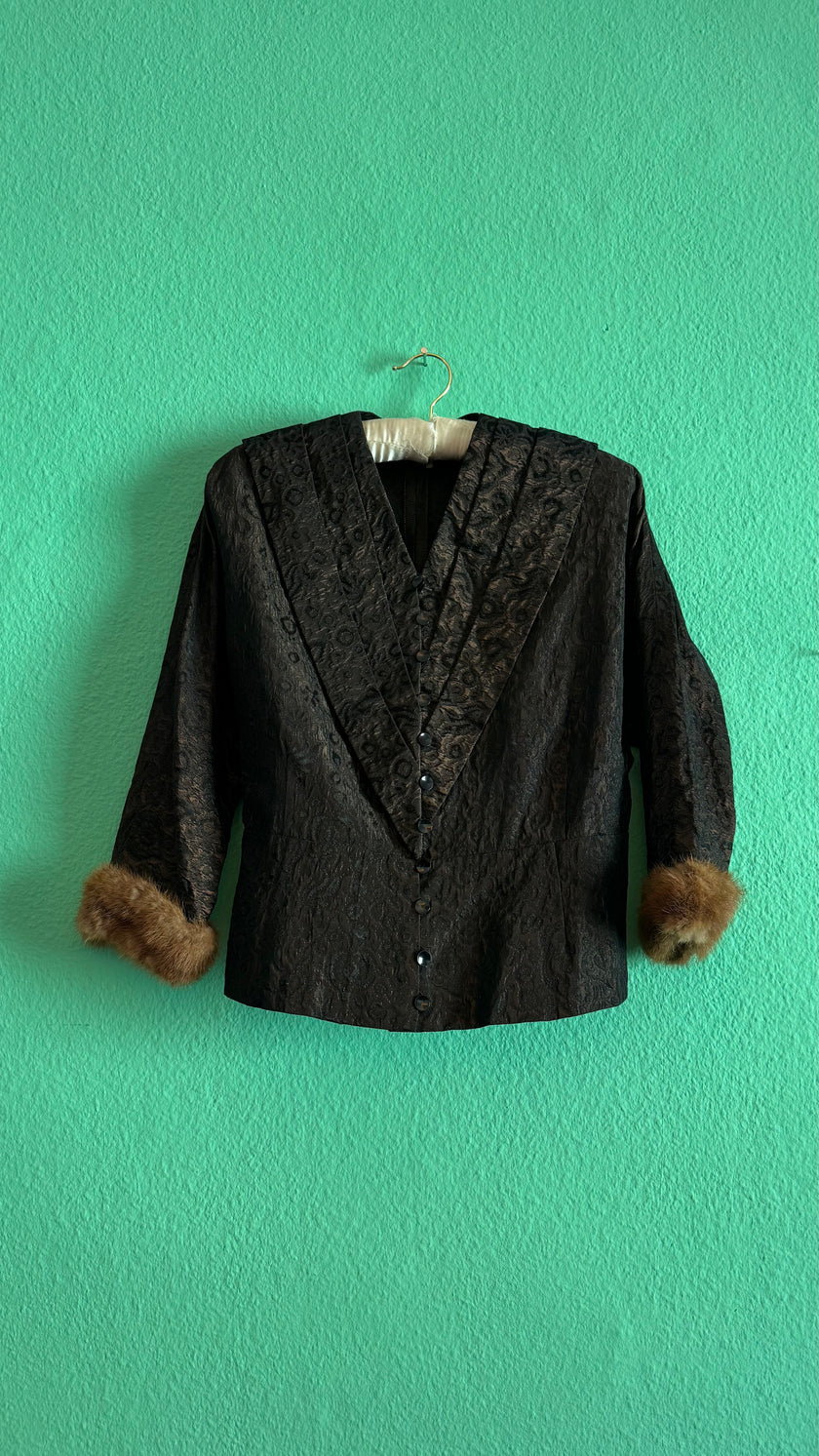 Vintage 1940s Dark Brown Brocade Jacket & Skirt Set with Fur-Trimmed Cuffs