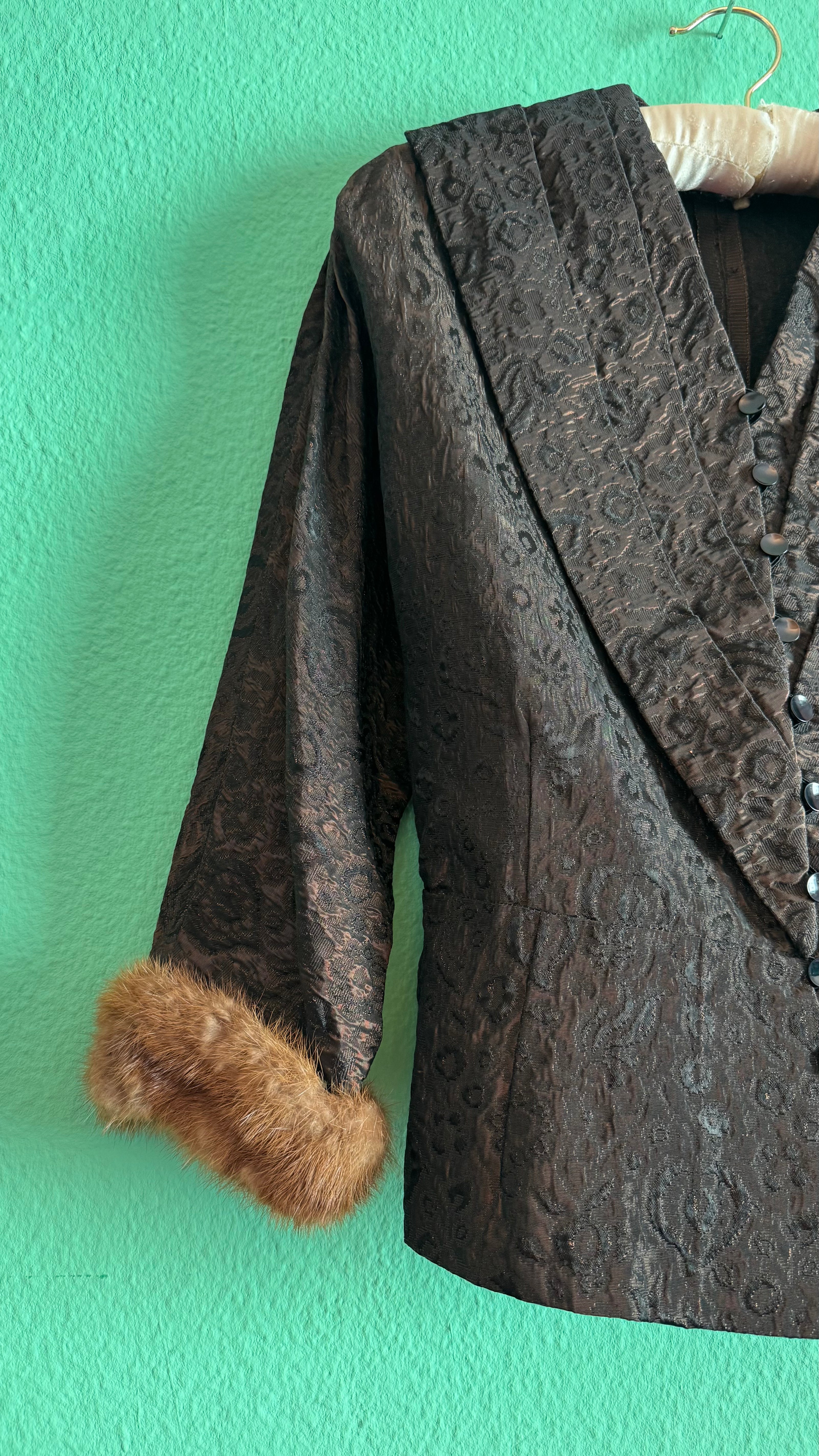 Vintage 1940s Dark Brown Brocade Jacket & Skirt Set with Fur-Trimmed Cuffs