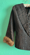 Vintage 1940s Dark Brown Brocade Jacket & Skirt Set with Fur-Trimmed Cuffs