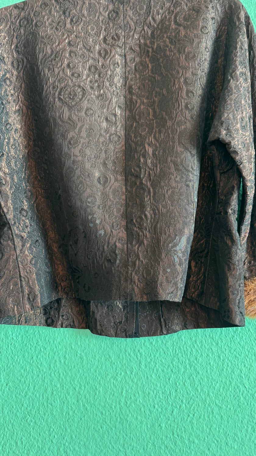 Vintage 1940s Dark Brown Brocade Jacket & Skirt Set with Fur-Trimmed Cuffs