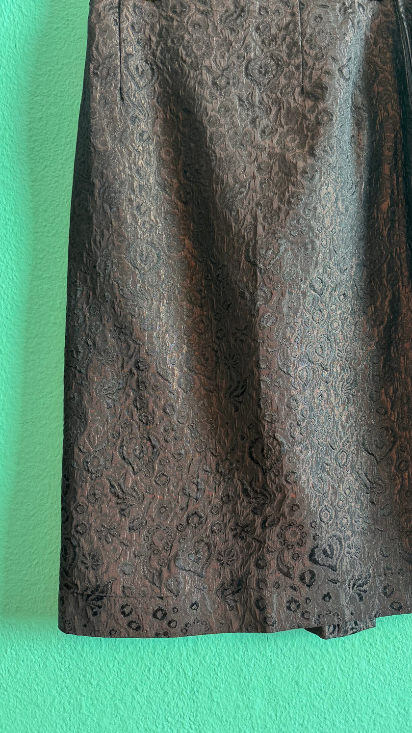 Vintage 1940s Dark Brown Brocade Jacket & Skirt Set with Fur-Trimmed Cuffs