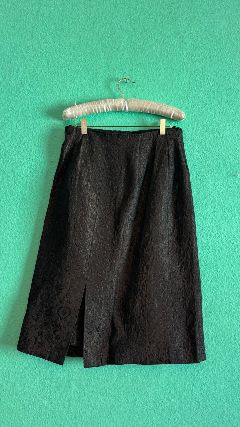 Vintage 1940s Dark Brown Brocade Jacket & Skirt Set with Fur-Trimmed Cuffs