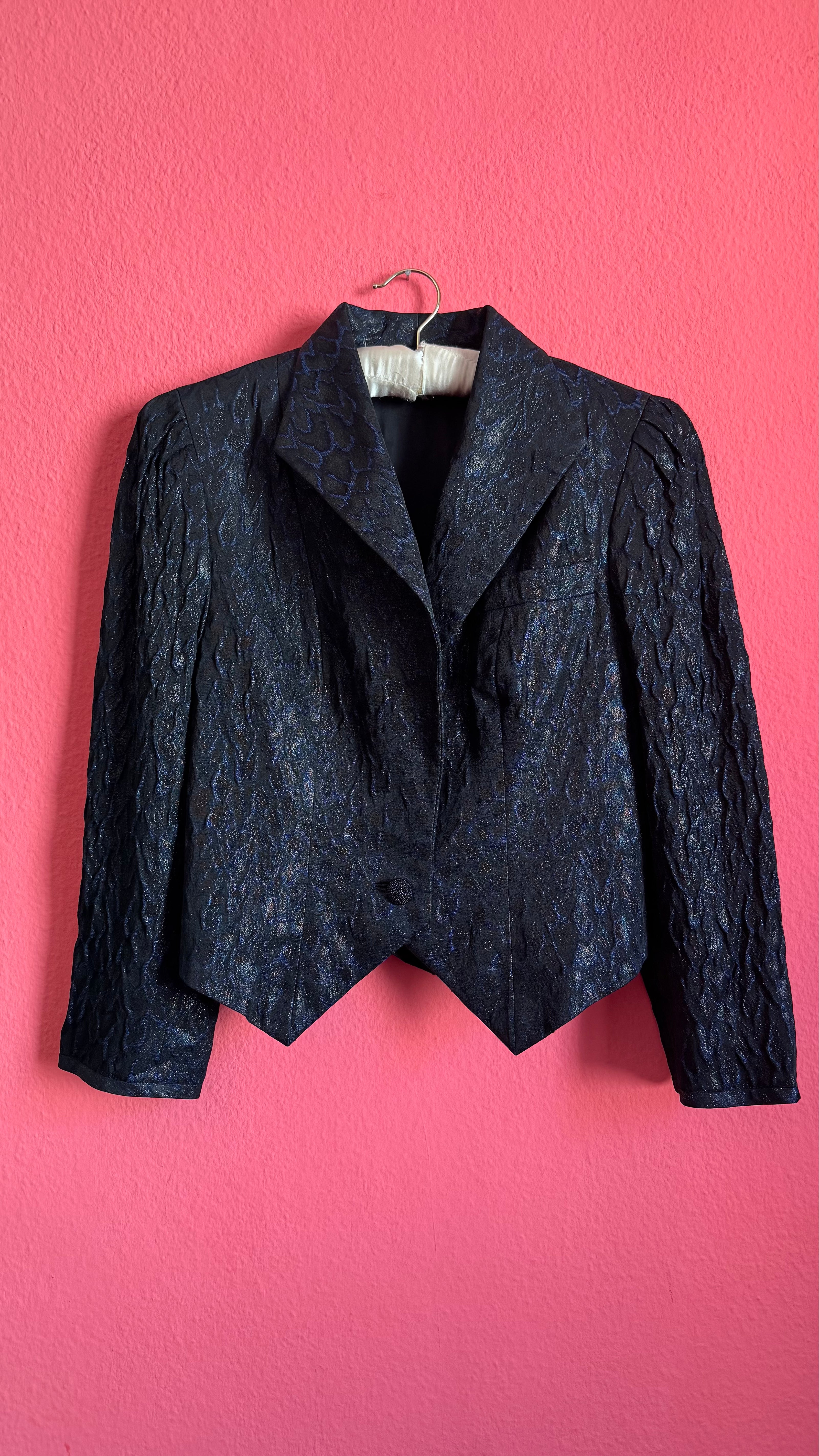Vintage 1980s Midnight Blue Jacquard Cropped Blazer by Modeatelier Abele