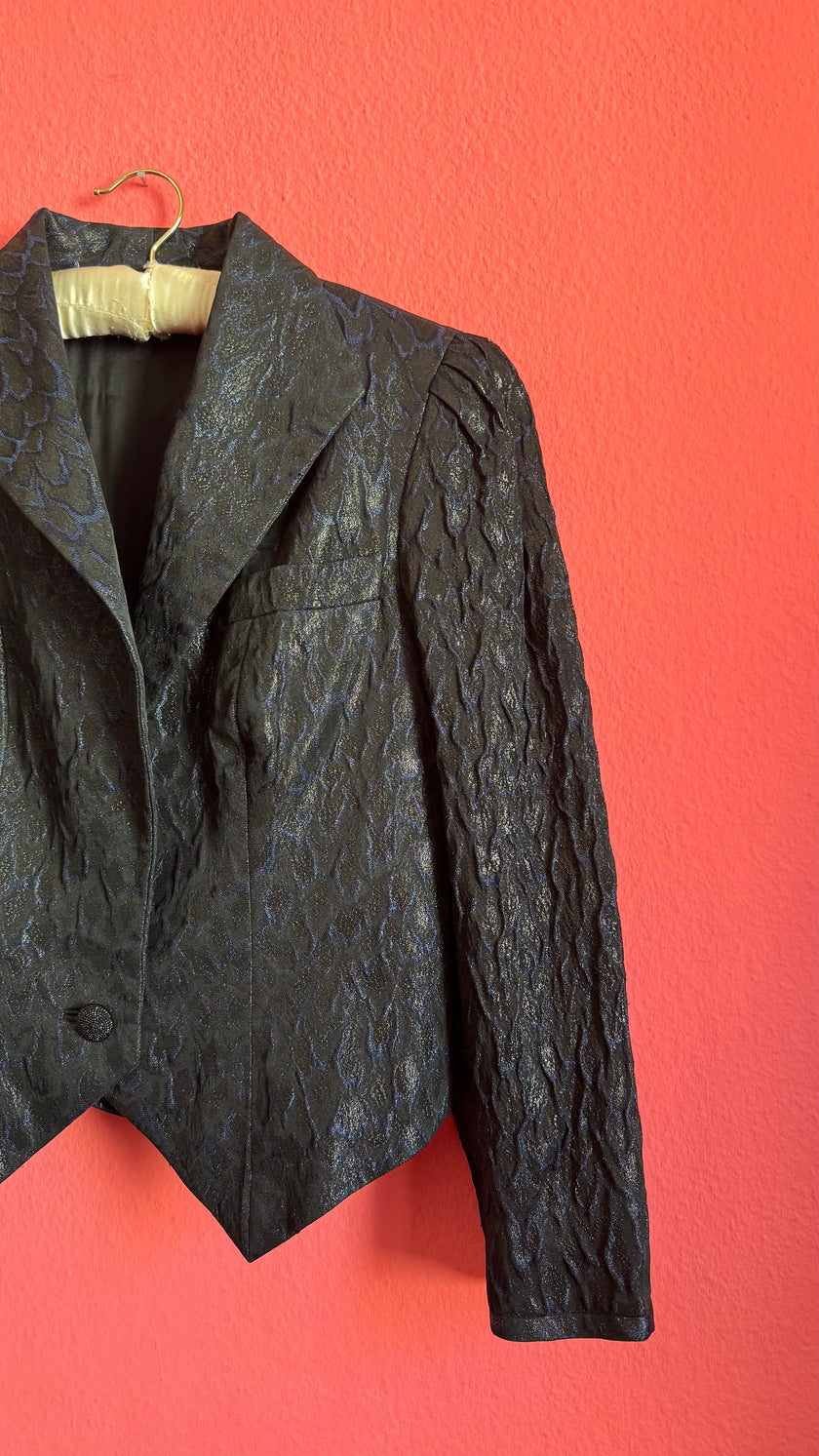 Vintage 1980s Midnight Blue Jacquard Cropped Blazer by Modeatelier Abele