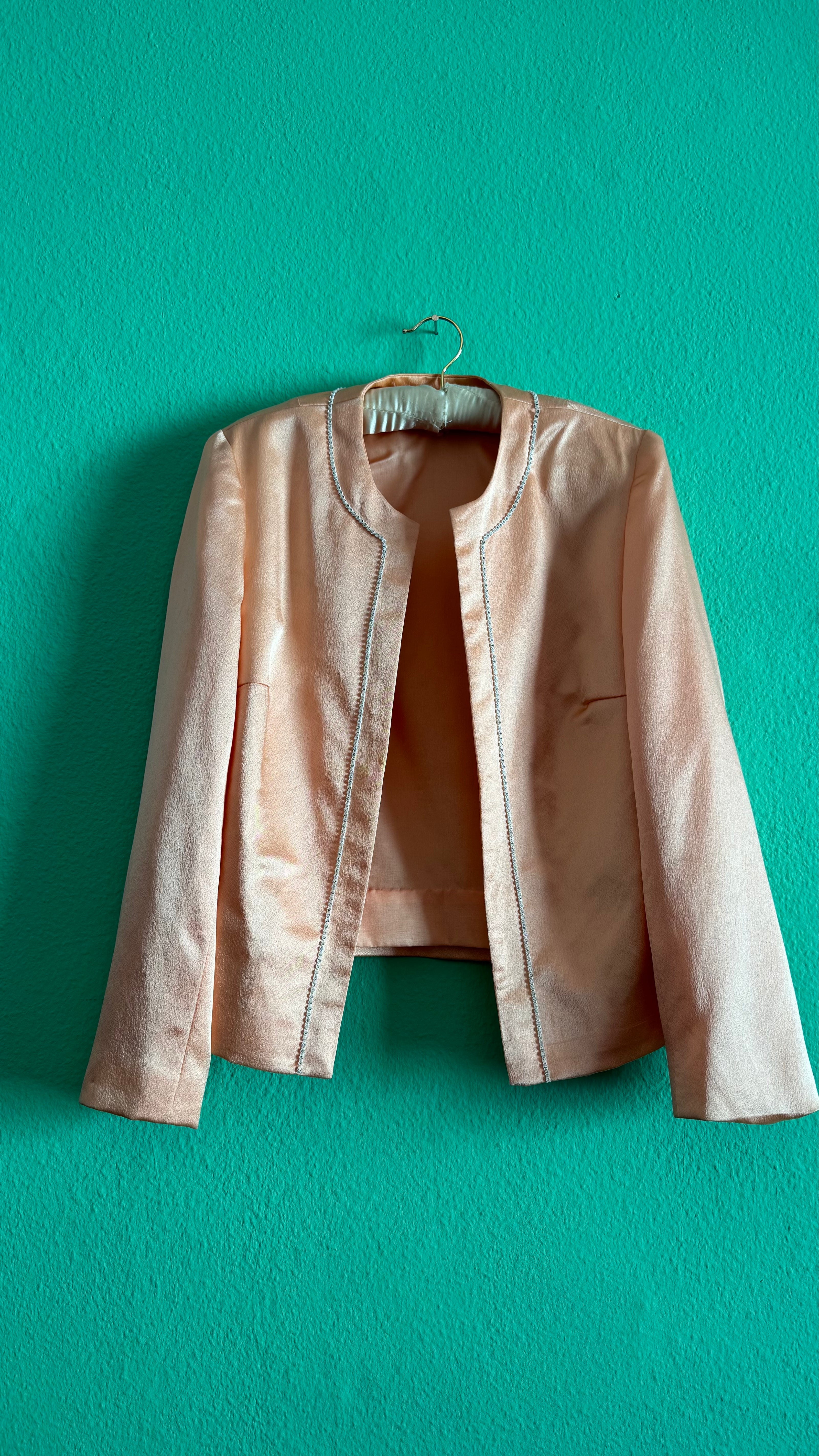Vintage 1990s Peach Silk Jacket with Delicate Beaded Trim