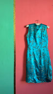 Vintage 1990s Turquoise Silk Brocade Dress with Floral Embroidery