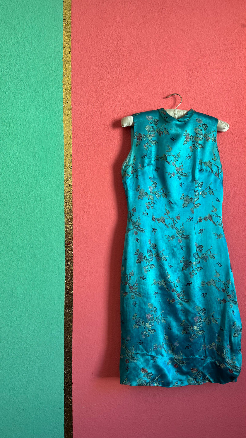 Vintage 1990s Turquoise Silk Brocade Dress with Floral Embroidery