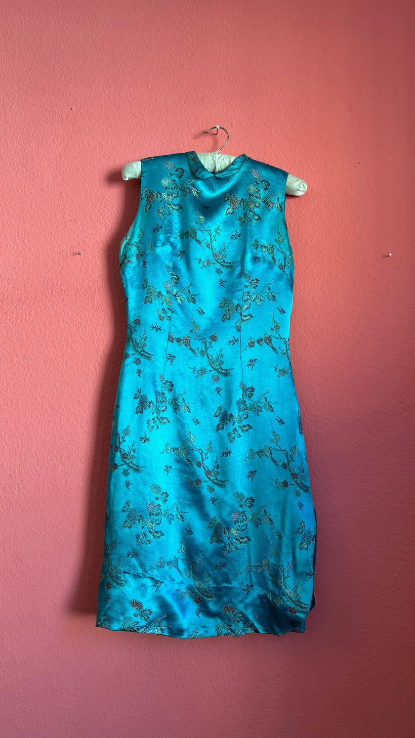 Vintage 1990s Turquoise Silk Brocade Dress with Floral Embroidery