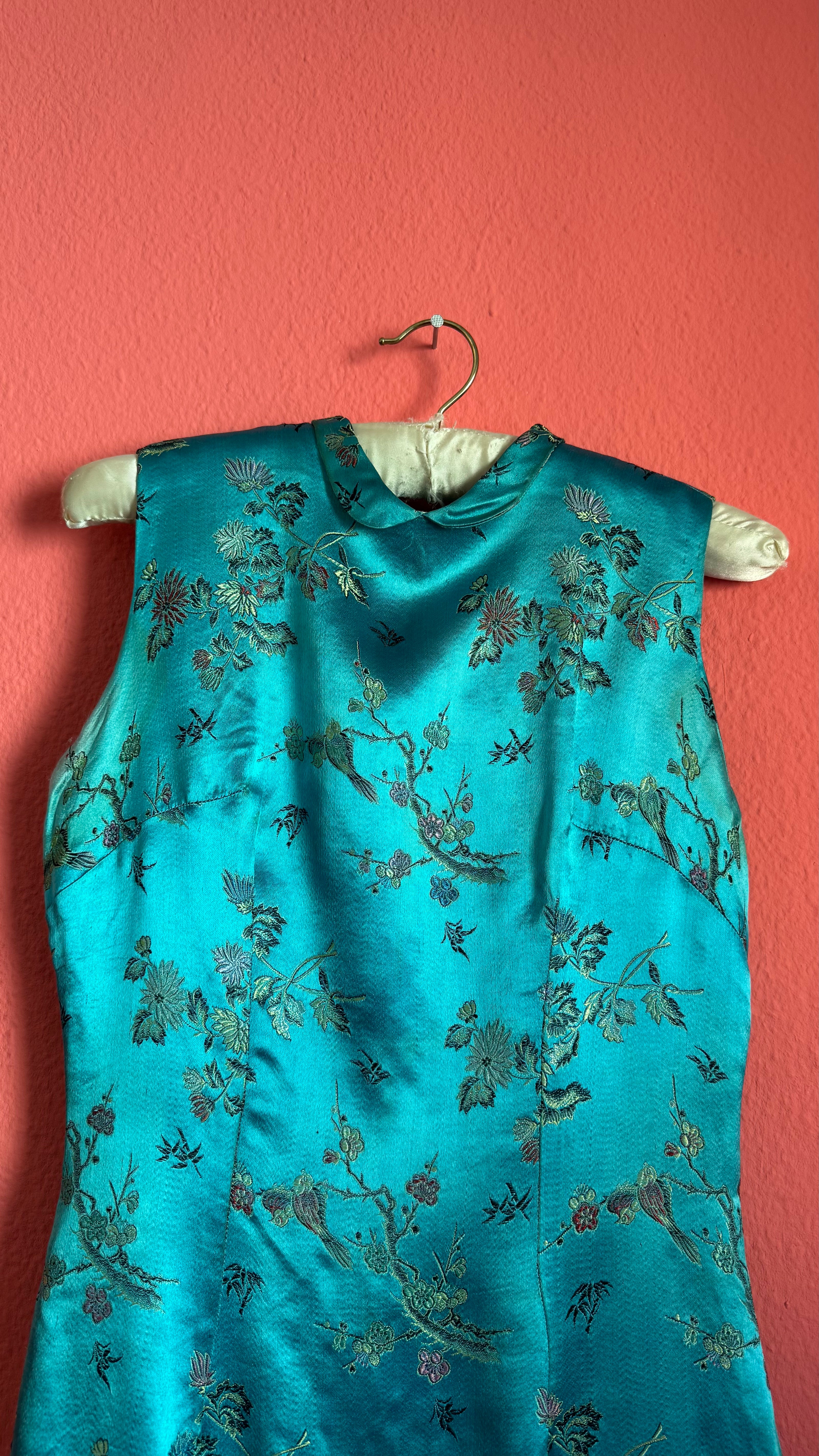 Vintage 1990s Turquoise Silk Brocade Dress with Floral Embroidery