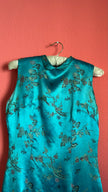 Vintage 1990s Turquoise Silk Brocade Dress with Floral Embroidery