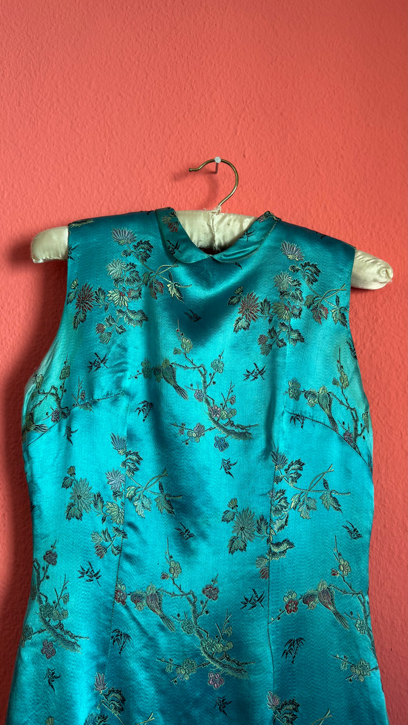 Vintage 1990s Turquoise Silk Brocade Dress with Floral Embroidery