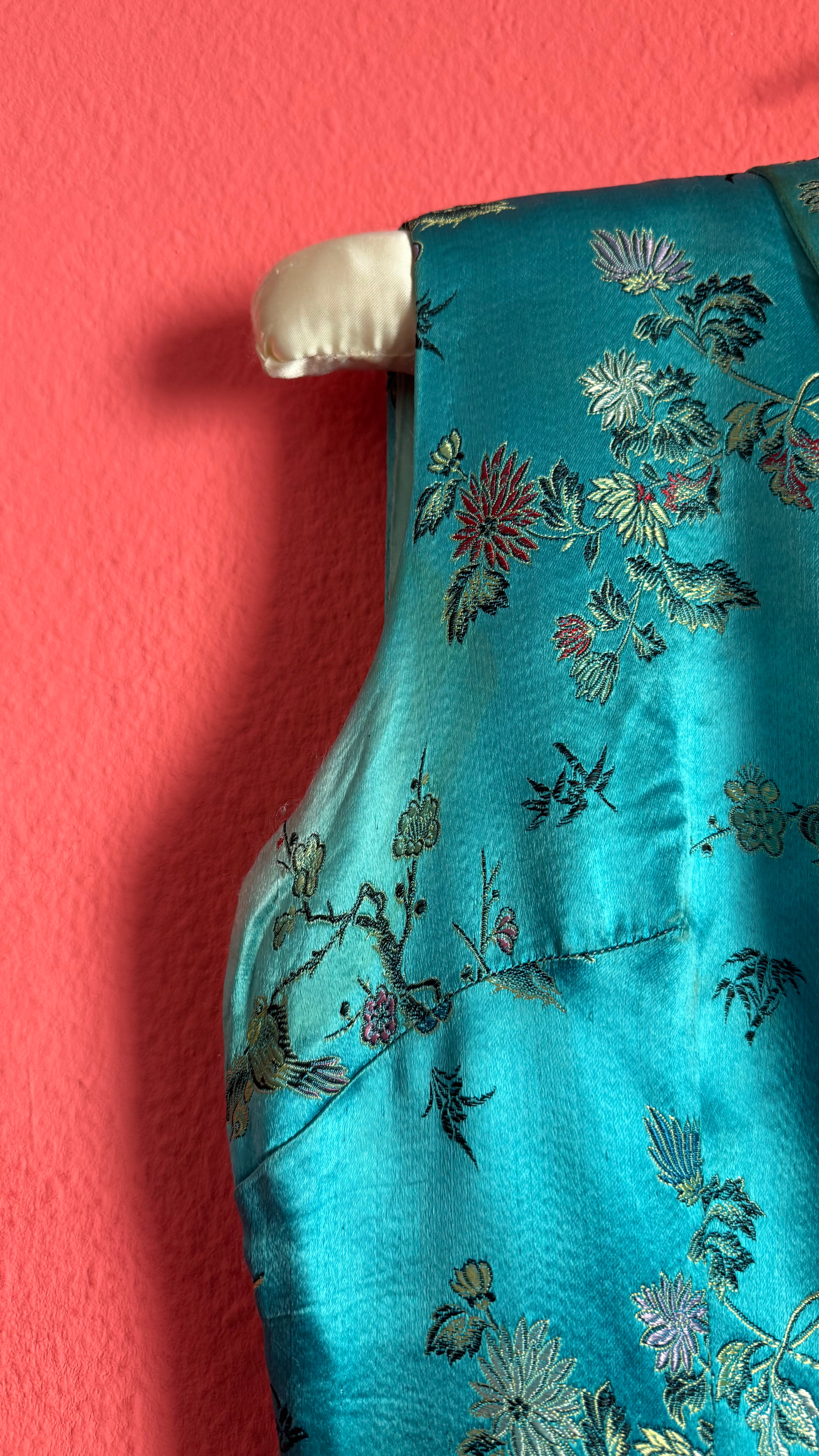 Vintage 1990s Turquoise Silk Brocade Dress with Floral Embroidery
