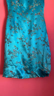 Vintage 1990s Turquoise Silk Brocade Dress with Floral Embroidery
