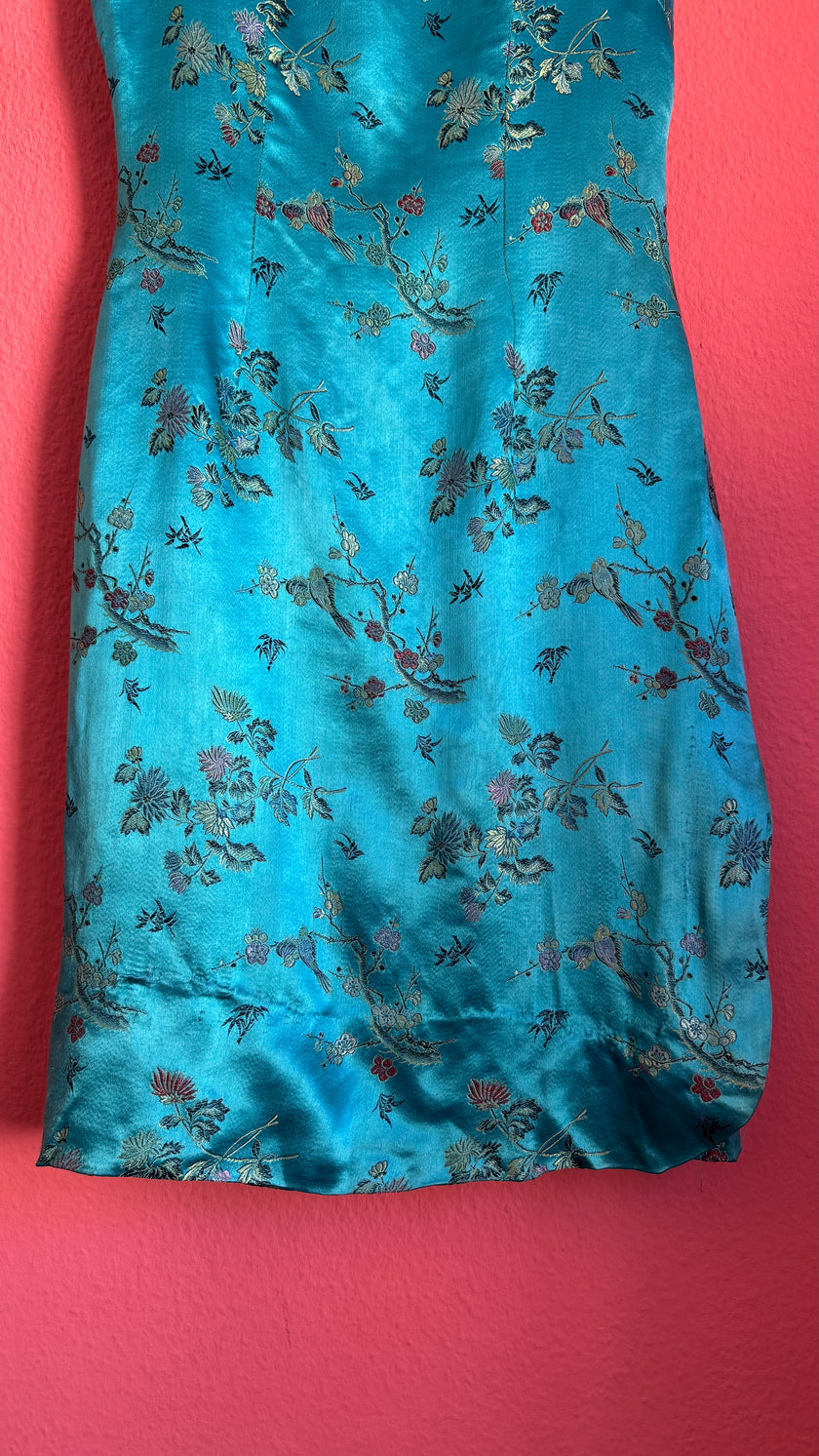 Vintage 1990s Turquoise Silk Brocade Dress with Floral Embroidery