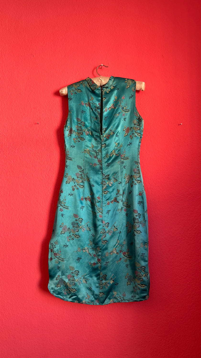 Vintage 1990s Turquoise Silk Brocade Dress with Floral Embroidery
