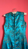 Vintage 1990s Turquoise Silk Brocade Dress with Floral Embroidery