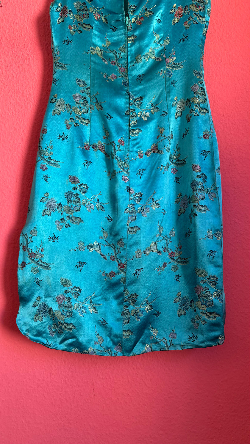 Vintage 1990s Turquoise Silk Brocade Dress with Floral Embroidery