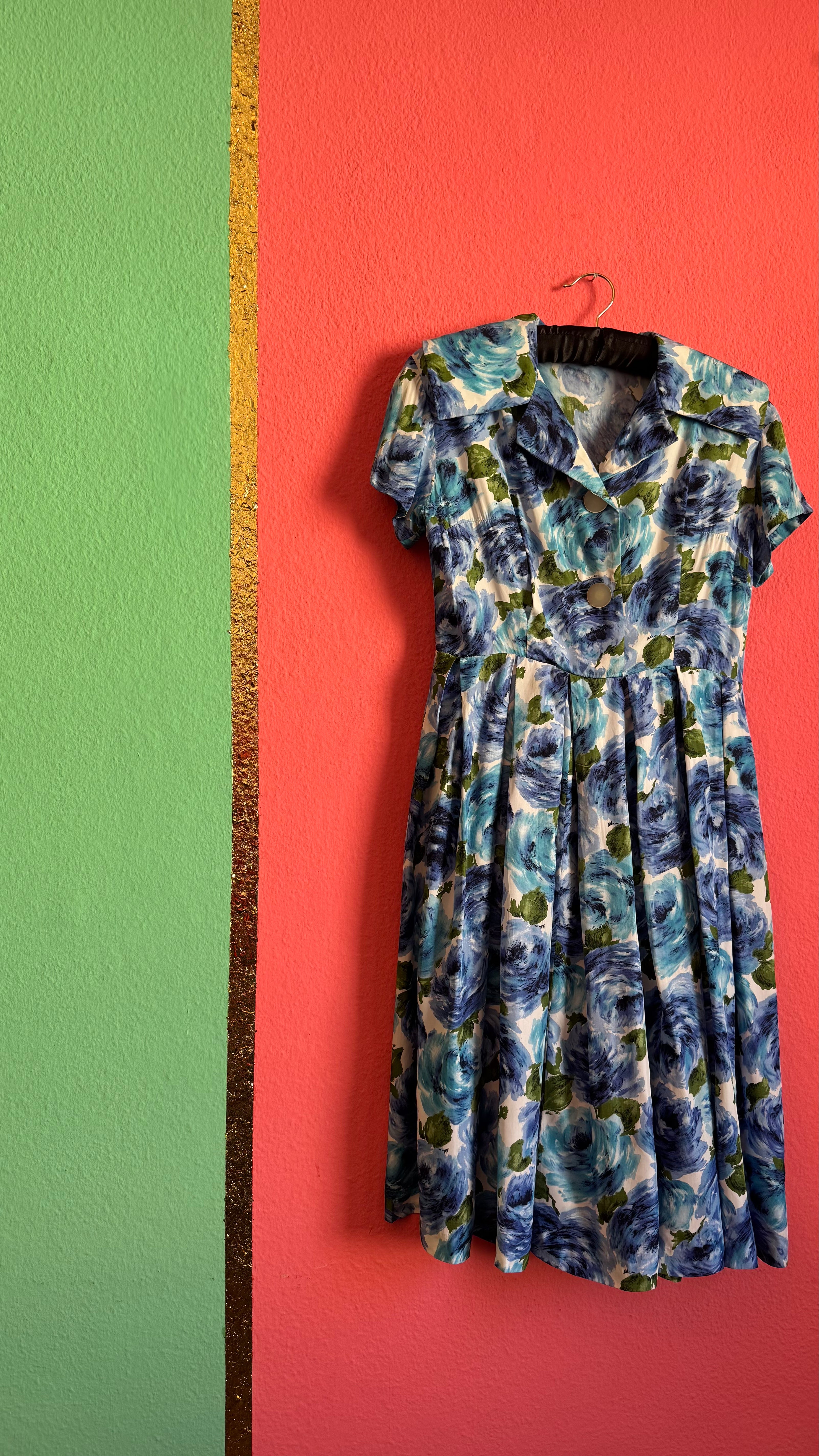 Vintage 1950s Blue Floral Silk Dress with Pleated Skirt