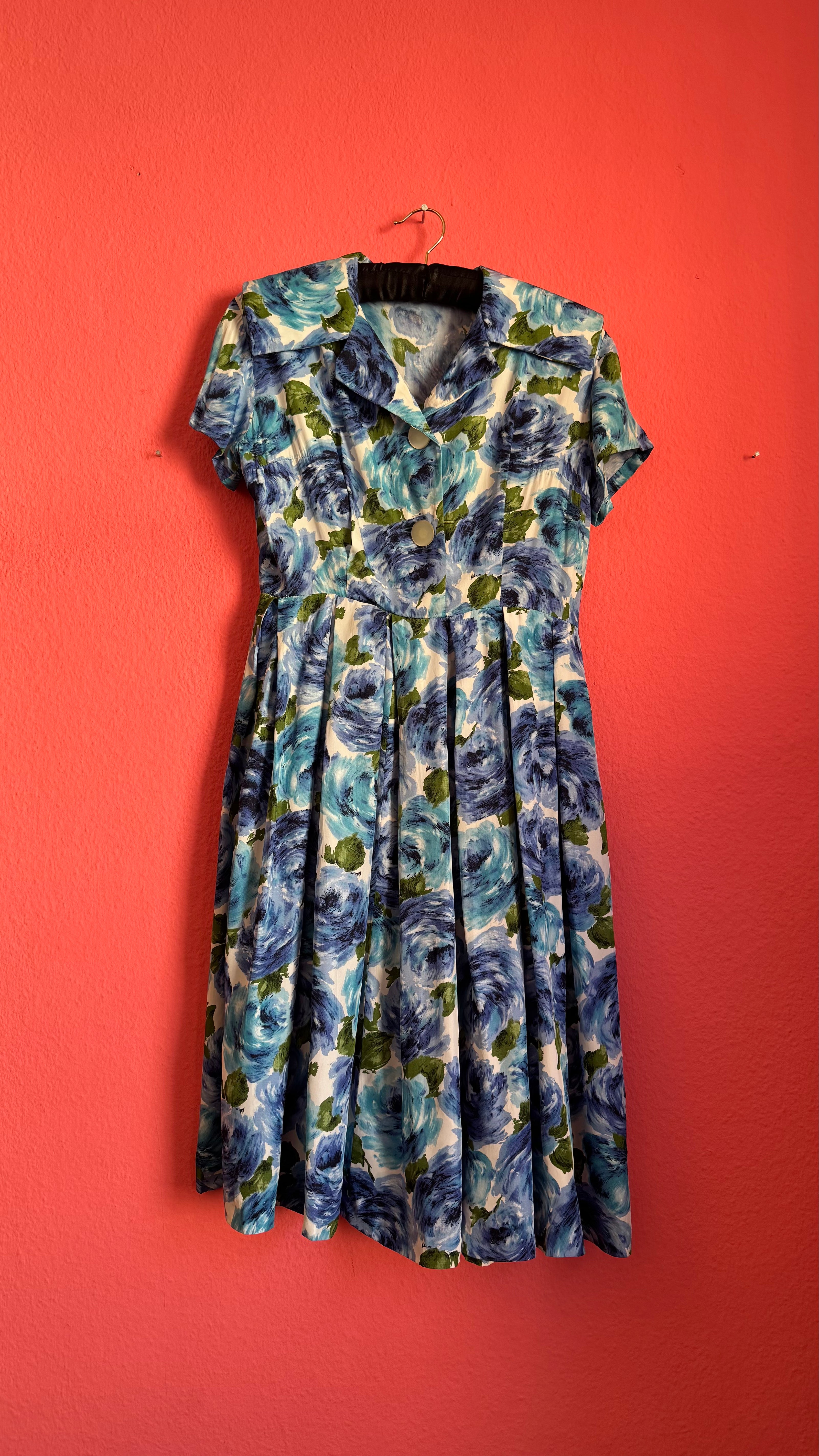 Vintage 1950s Blue Floral Silk Dress with Pleated Skirt