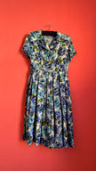 Vintage 1950s Blue Floral Silk Dress with Pleated Skirt