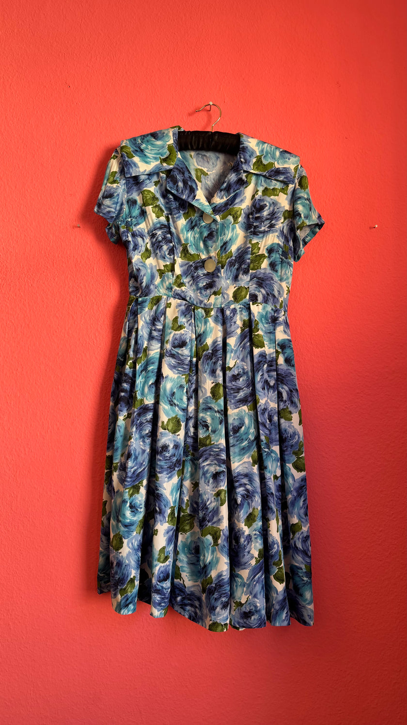 Vintage 1950s Blue Floral Silk Dress with Pleated Skirt