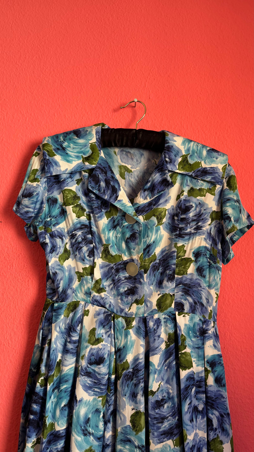 Vintage 1950s Blue Floral Silk Dress with Pleated Skirt