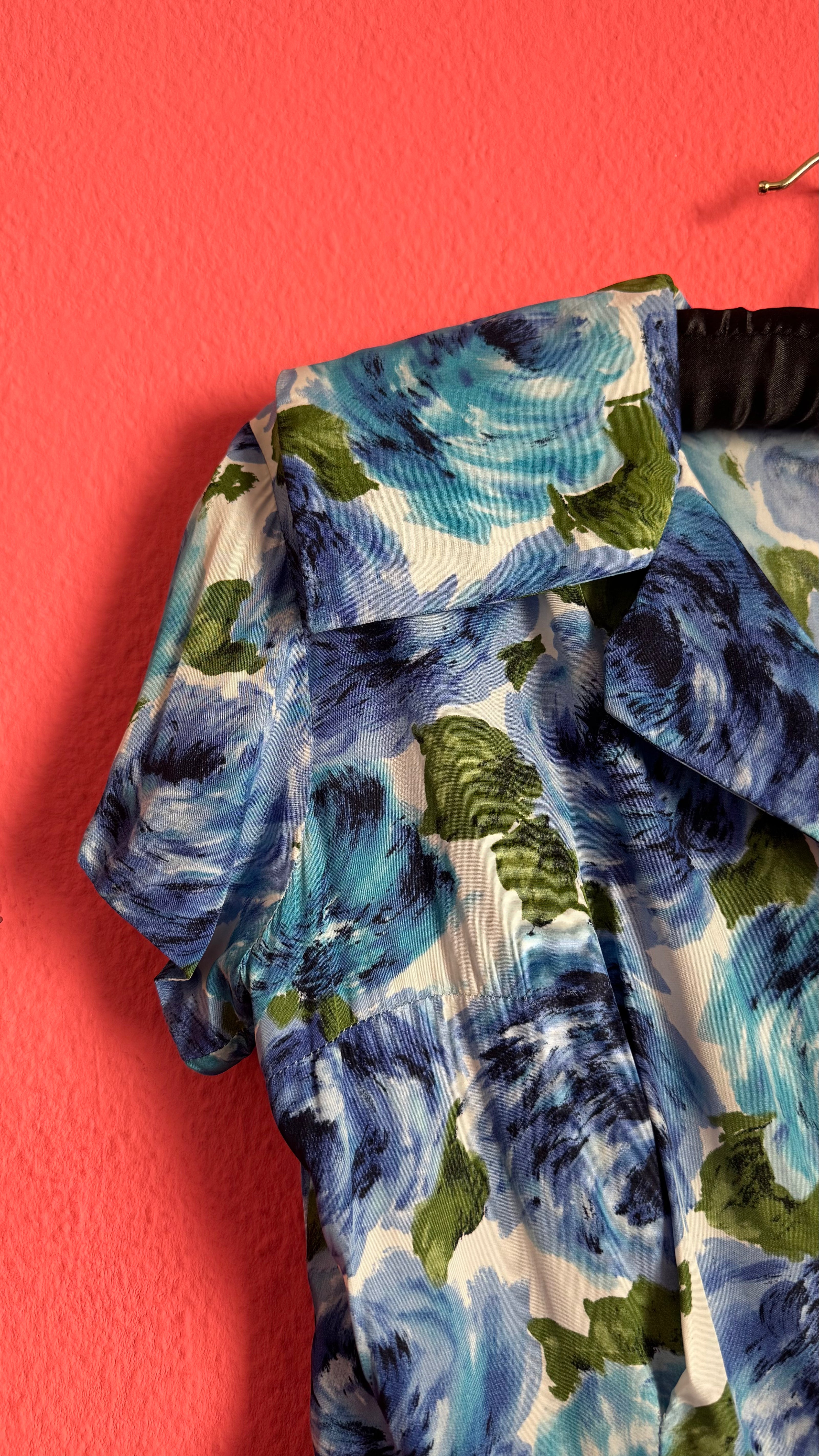 Vintage 1950s Blue Floral Silk Dress with Pleated Skirt