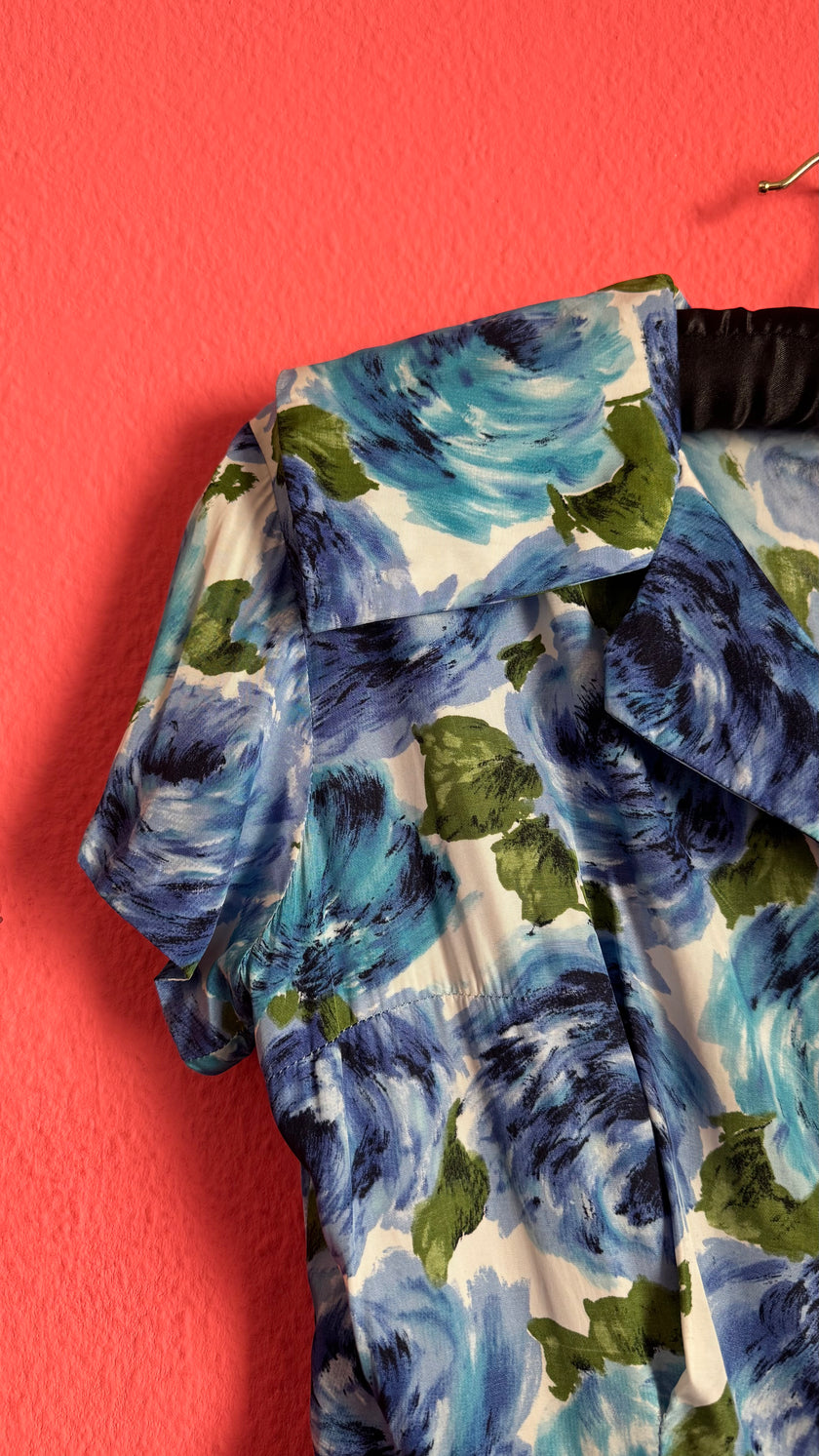 Vintage 1950s Blue Floral Silk Dress with Pleated Skirt