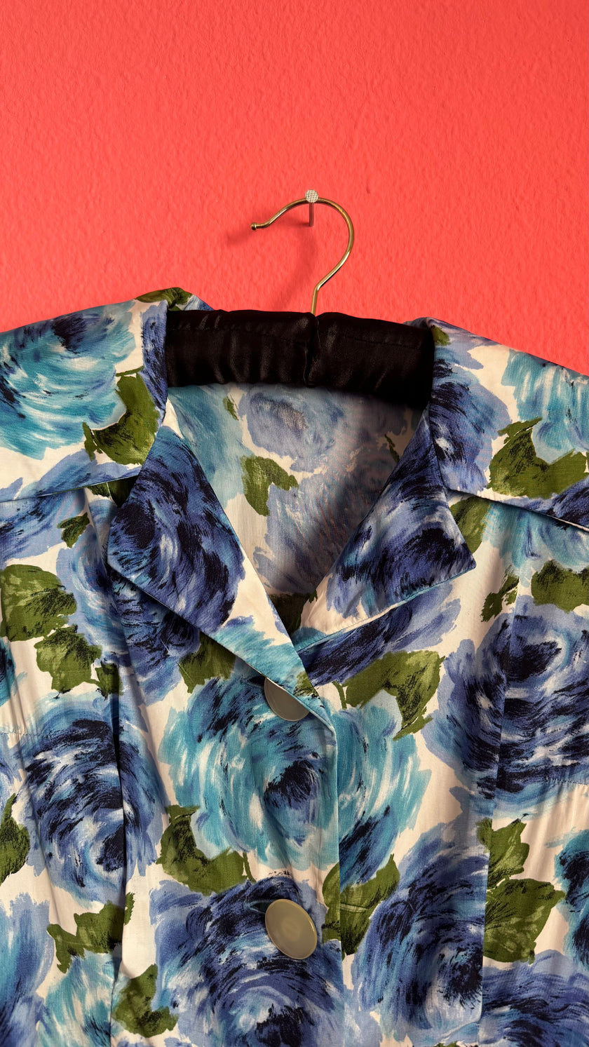 Vintage 1950s Blue Floral Silk Dress with Pleated Skirt